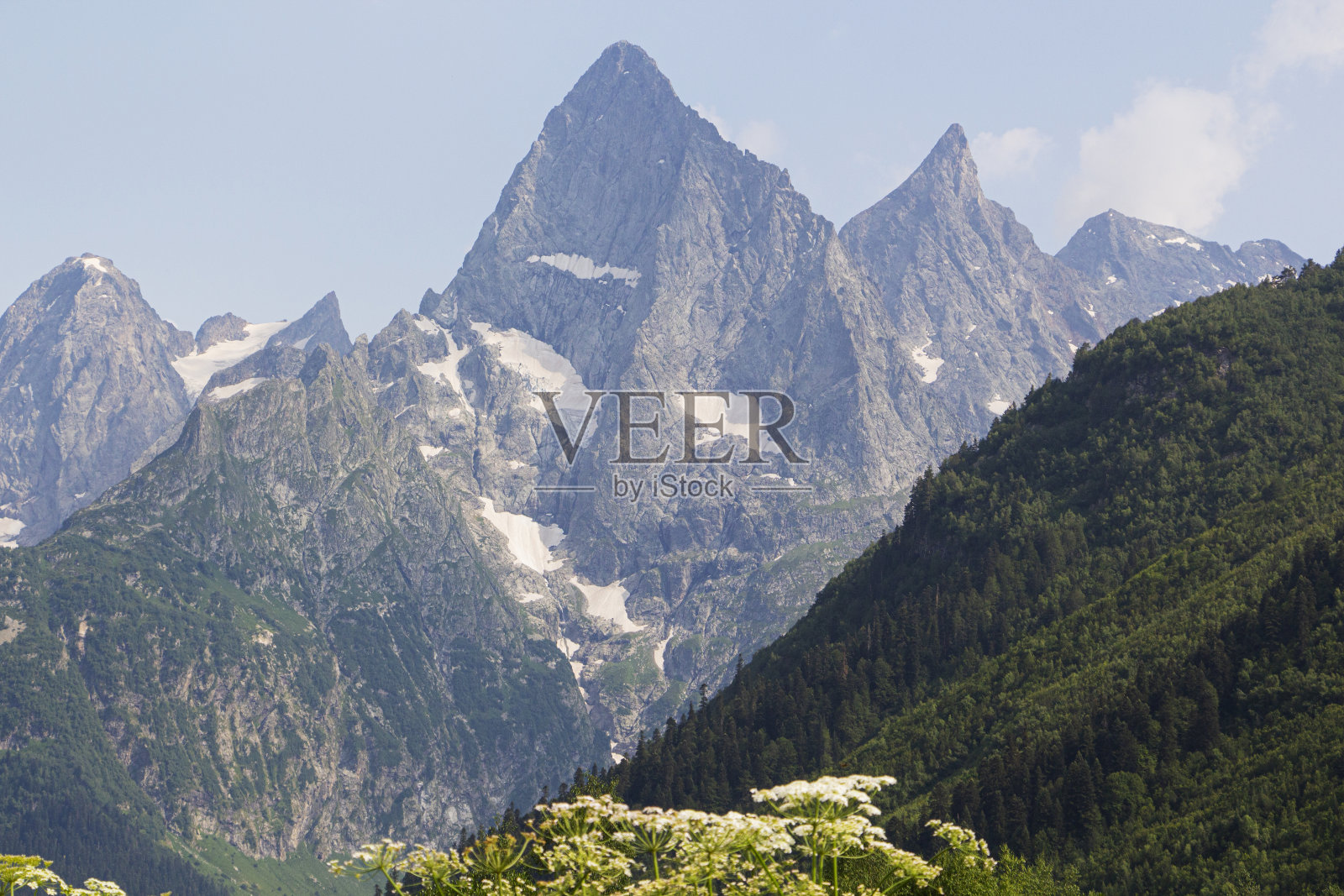 高加索山脉。山在夏天达到顶峰。照片摄影图片