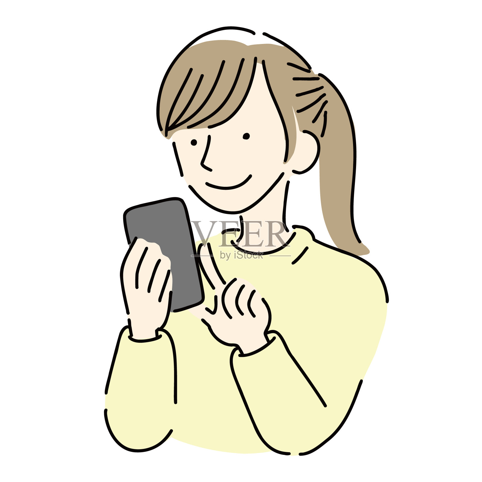 一个微笑的女人在操作智能手机。插画图片素材