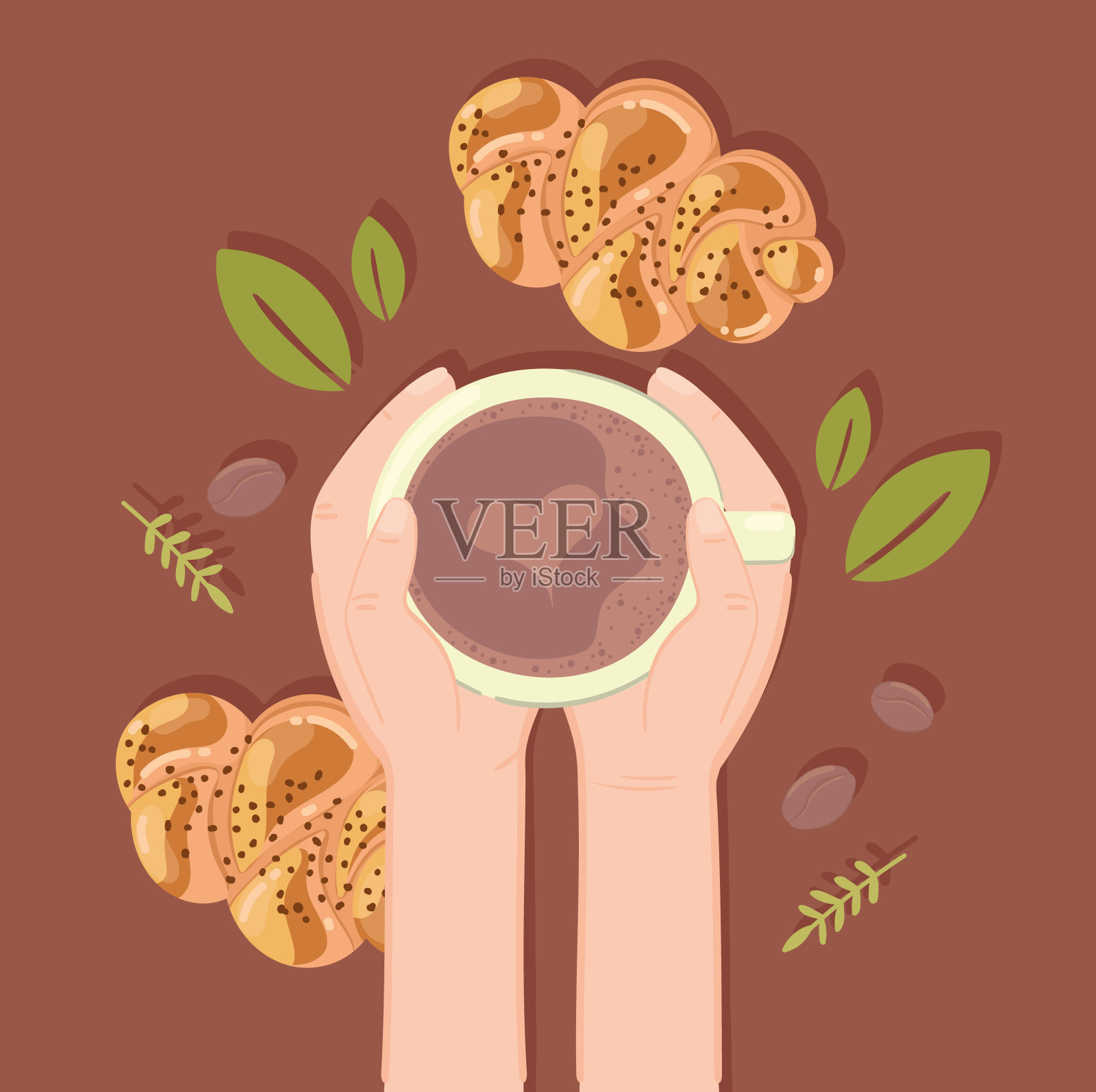 拿着杯子和面包的手插画图片素材