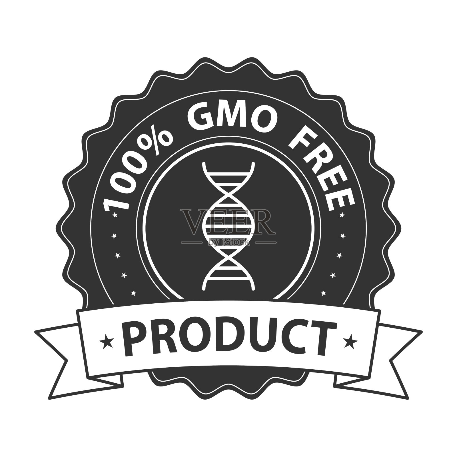 无转基因徽章，标志，图标。矢量邮票与丝带孤立在白色的背景。标签或不干胶平面设计。健康食品的概念。用于食品包装或营养产品的DNA标记。插画图片素材