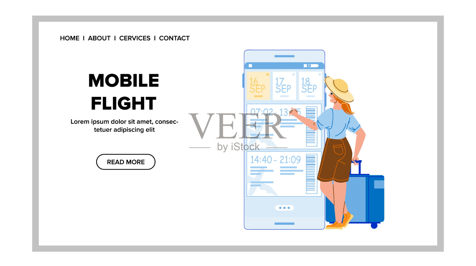 使用女性乘客的移动航班应用程序设计模板素材