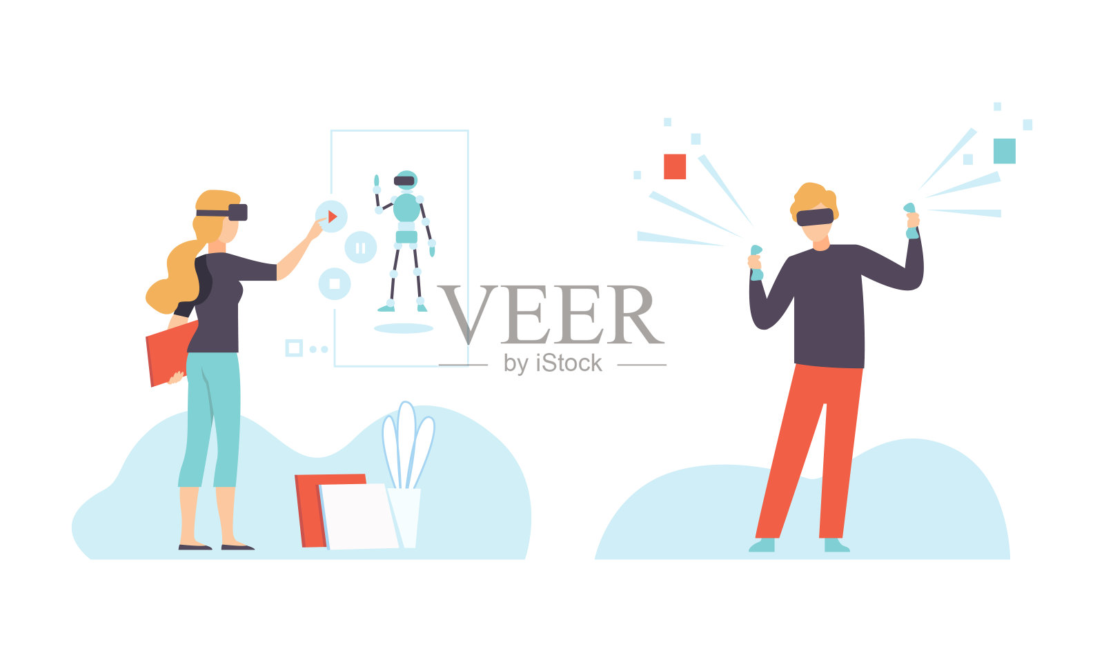 使用无线数字技术矢量集的增强现实眼镜的男人和女人角色插画图片素材