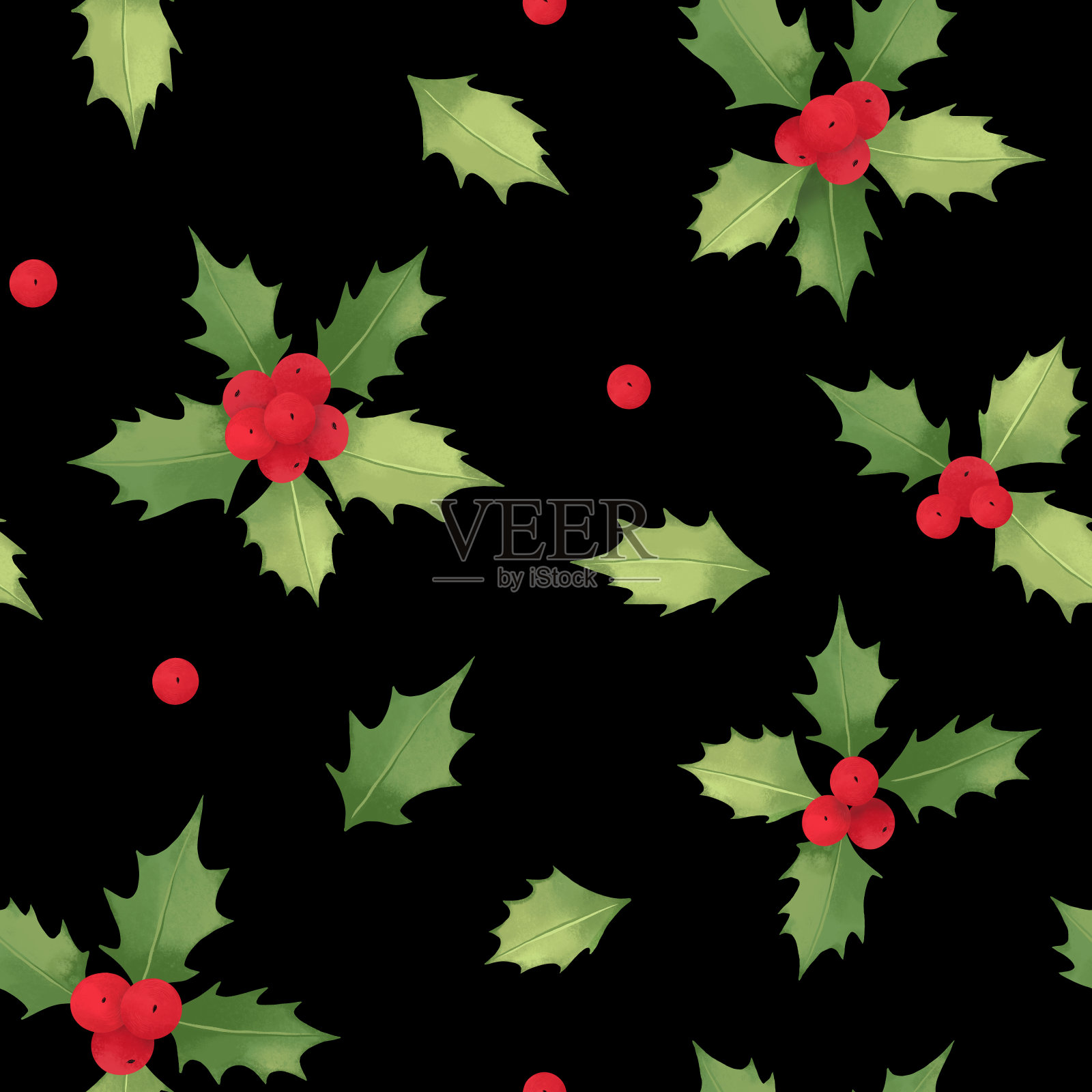 水彩圣诞节无缝模式与冬青。红色浆果和绿色叶子的冬季背景。适合包装纸张，织物，纺织品，请柬，包装插画图片素材