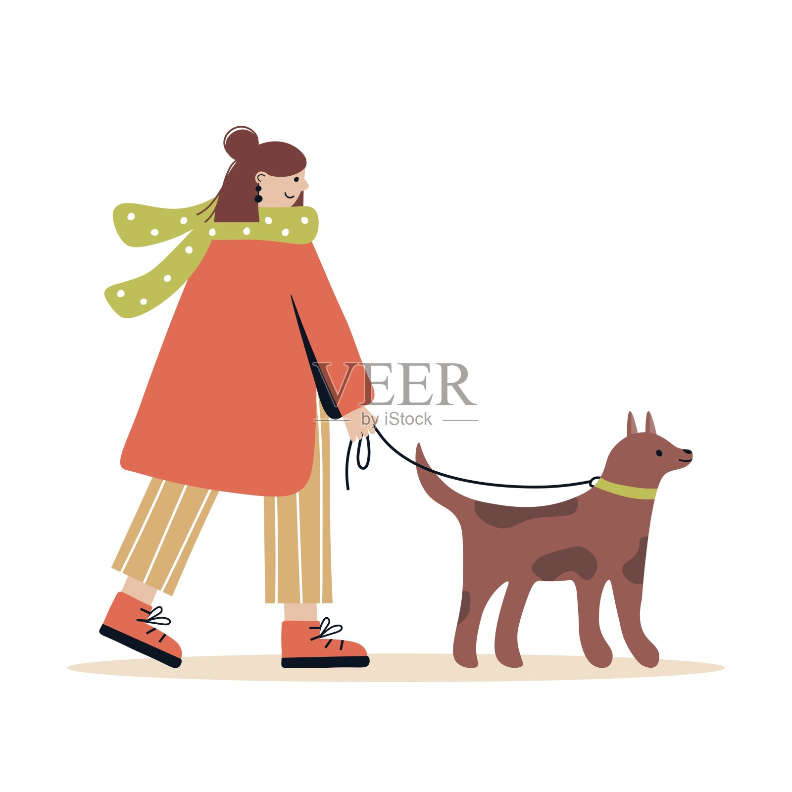 女性角色在遛狗。一个年轻的女人戴着围巾，穿着外套，带着狗散步。户外活动的概念。可爱的插图。向量在白色孤立的背景。插画图片素材