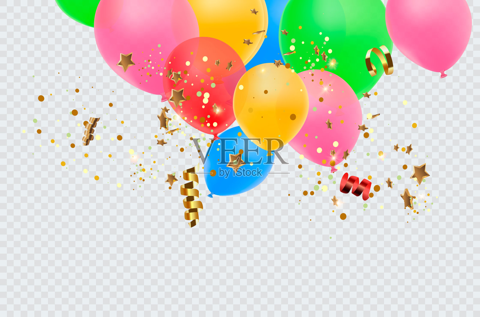 气球边界与闪亮的金色闪光和星星的五彩纸屑孤立在透明的背景。插画图片素材