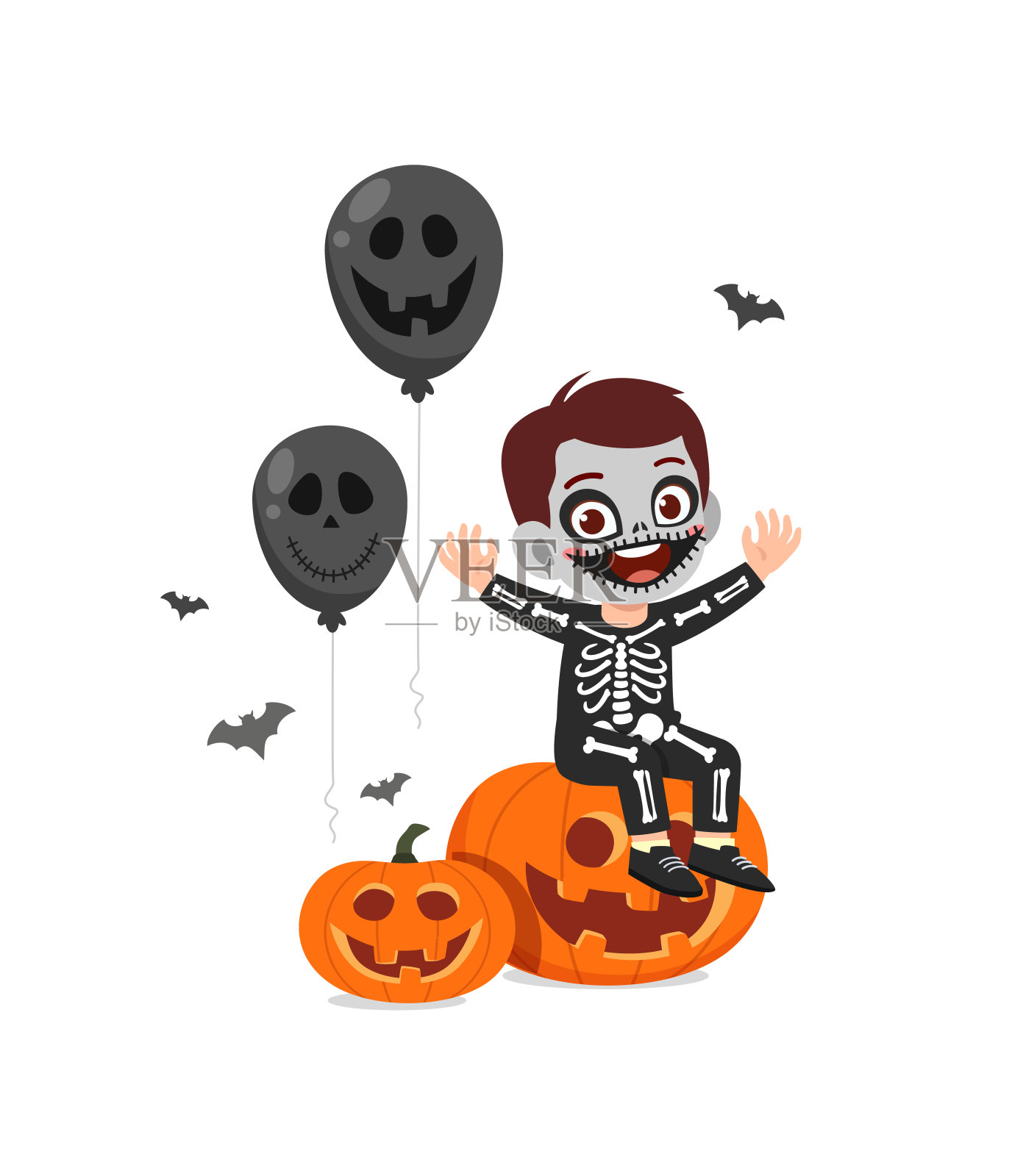 可爱的小男孩庆祝万圣节穿骷髅装插画图片素材