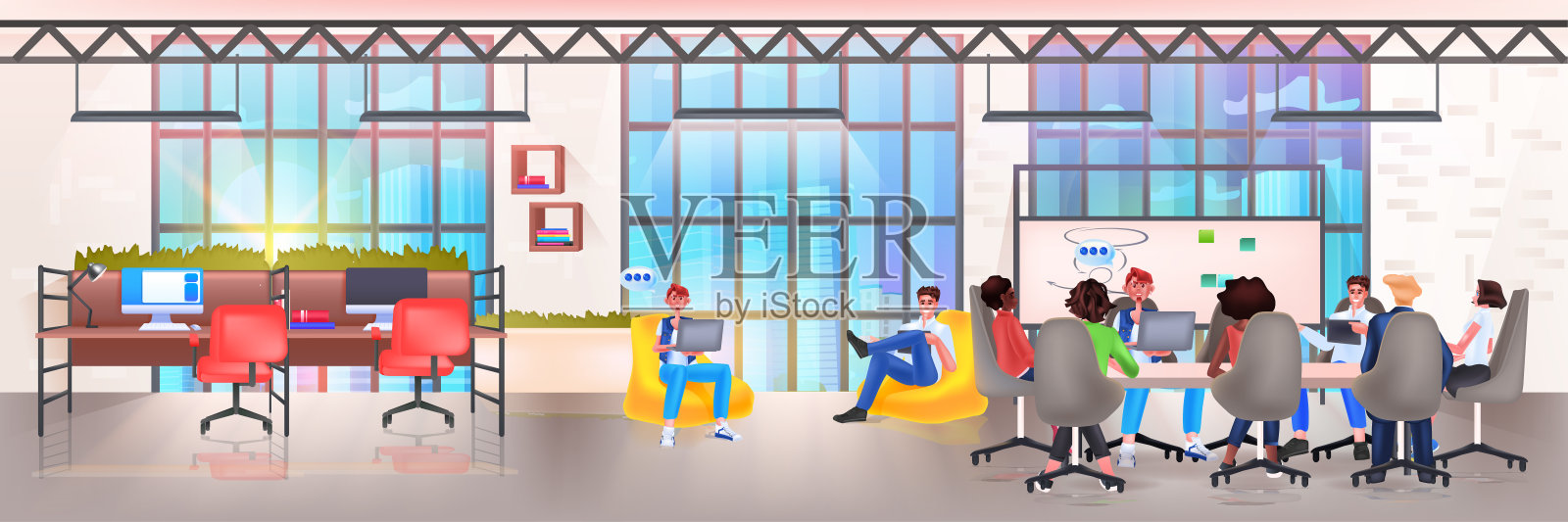 商务人士在圆桌会议上进行团队讨论、聊天、聊天、团队交流、头脑风暴插画图片素材