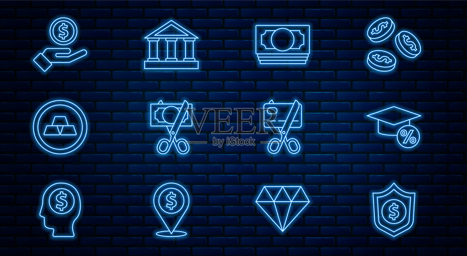 设置线盾与美元毕业帽和图标素材