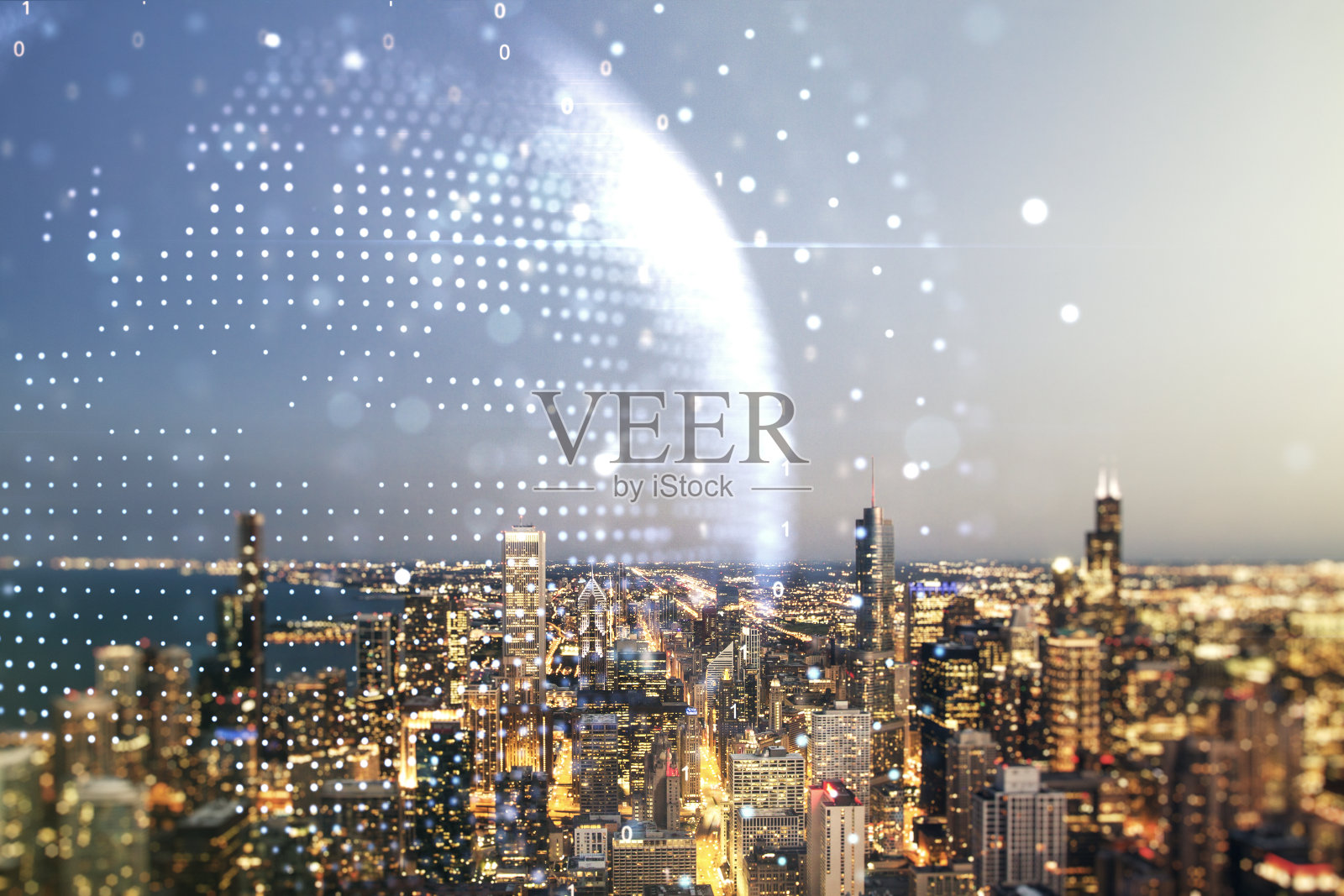 多重曝光的抽象图形世界地图全息图上的芝加哥办公楼背景，连接和沟通的概念照片摄影图片