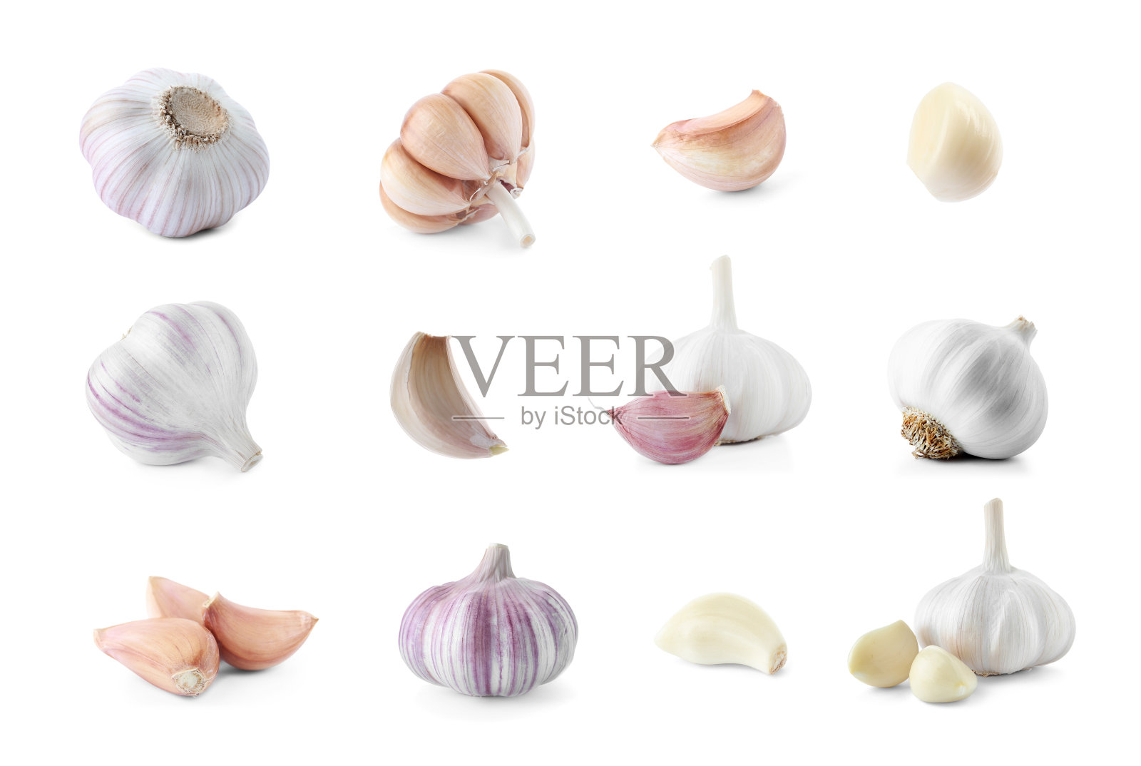 一套新鲜的大蒜在白色的背景照片摄影图片