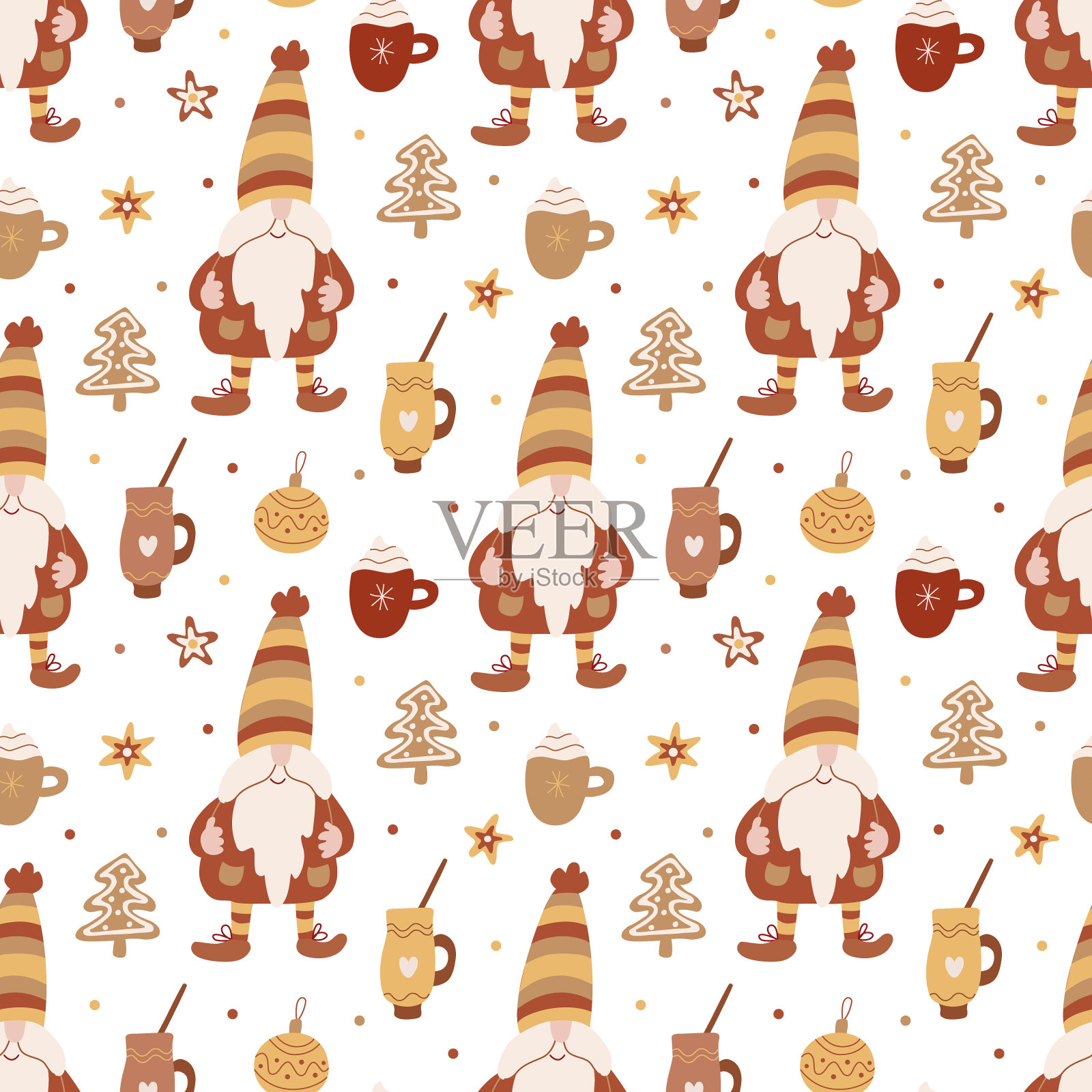 向量圣诞节无缝模式与侏儒，可爱的马克杯，姜饼和星星在白色。插画图片素材