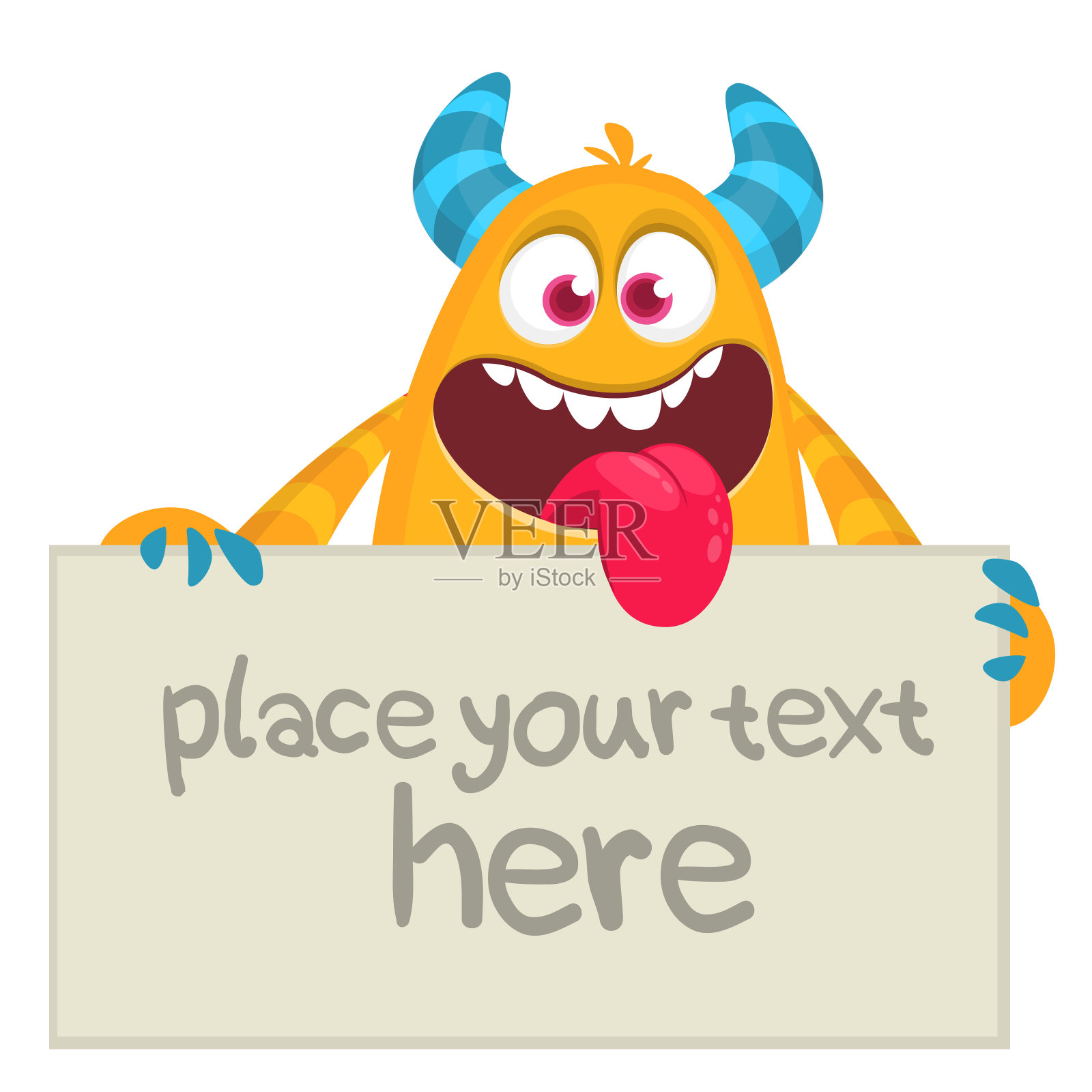 有趣的卡通怪物人物手持空白纸或板的文字。插图快乐的外星生物。万圣节晚会设计插画图片素材