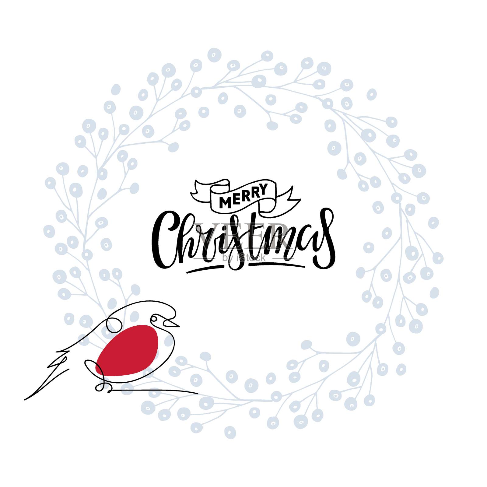 圣诞贺卡与欧亚红雀，浆果花环，圣诞快乐书法字母。季节性的设计元素。一个连续线画亮红色的鸟手绘矢量草图插画图片素材