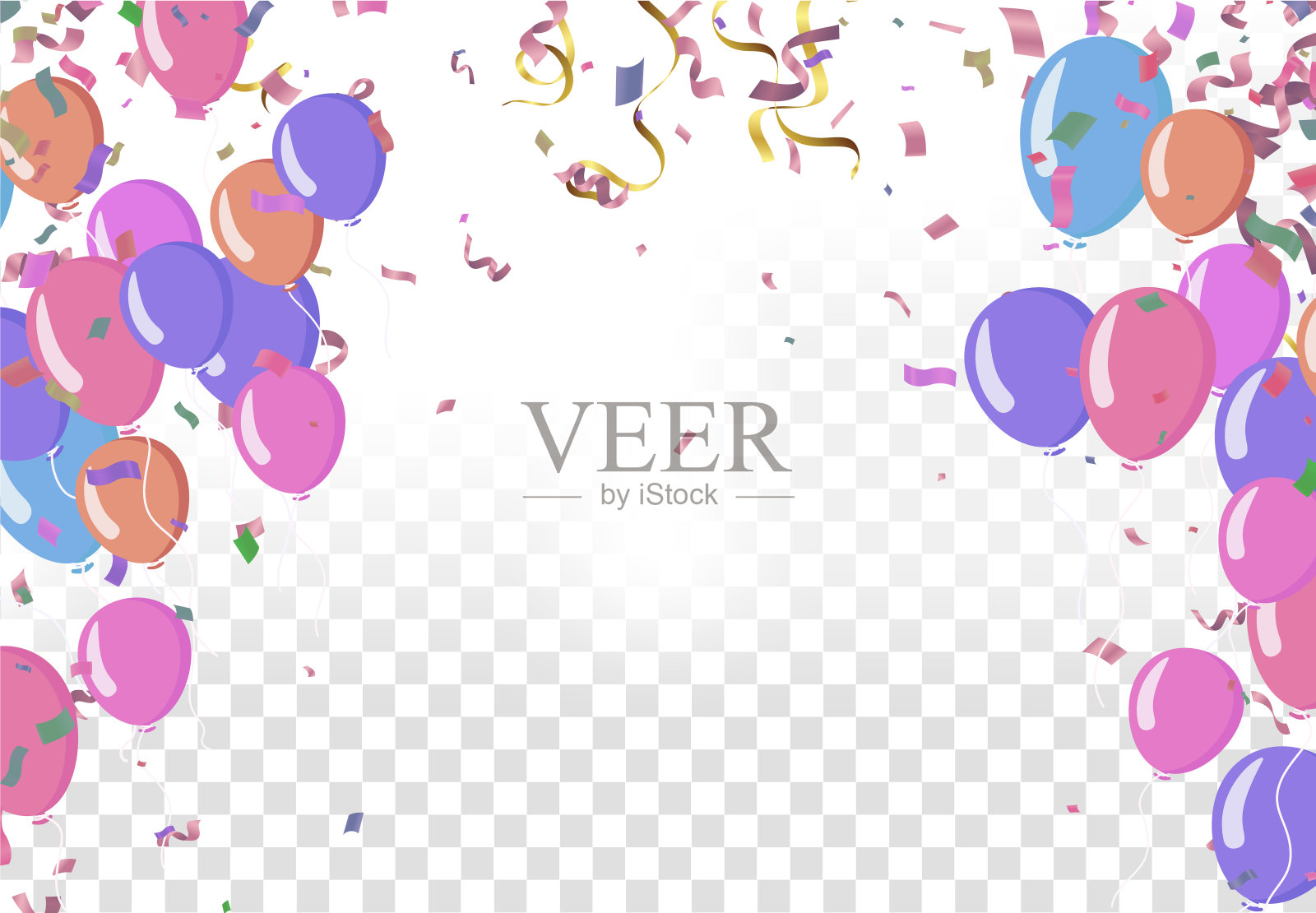 节日贺卡上有放飞的气球，背景明亮，矢量派对，庆祝周年边界插画图片素材