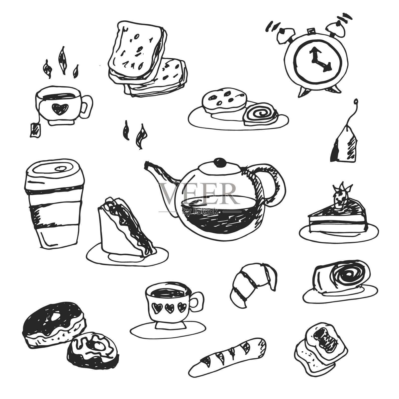 矢量手绘的咖啡和茶图标集。涂鸦。插画图片素材