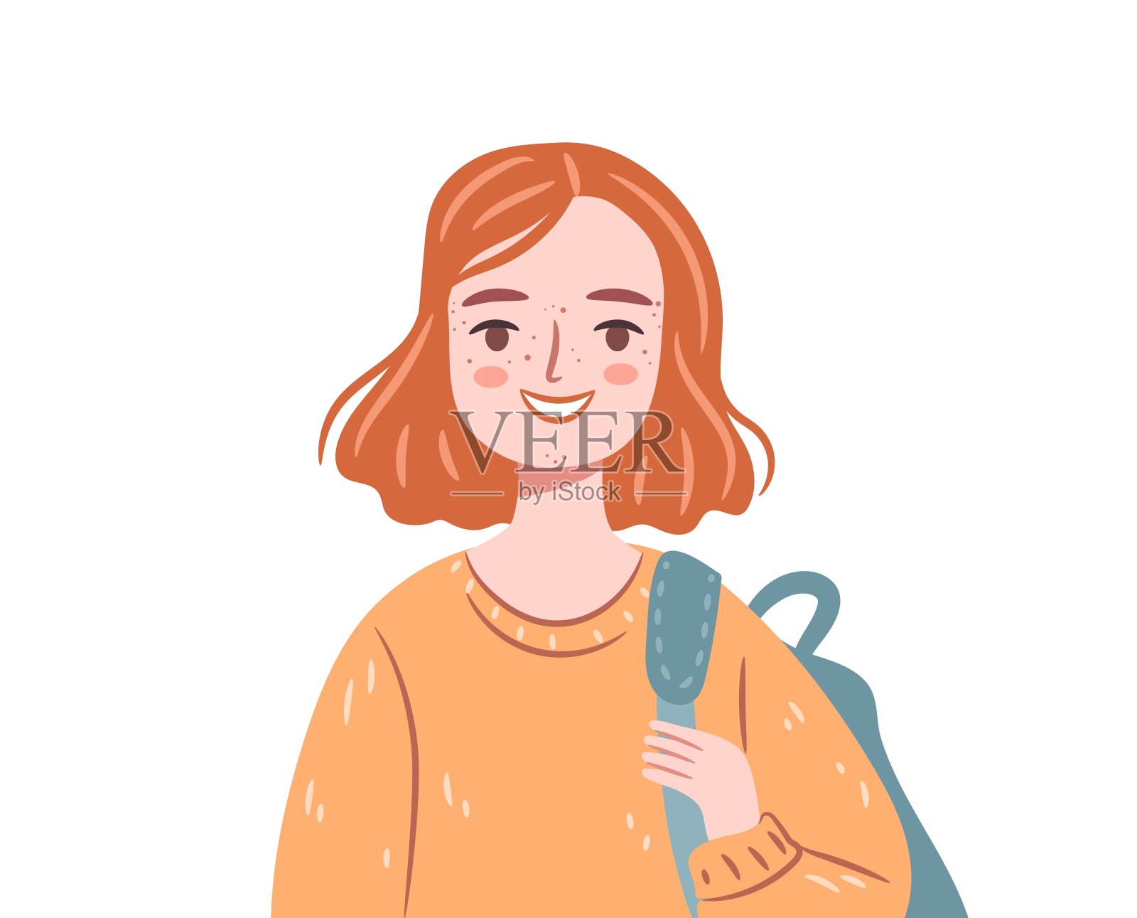 快乐的青春痘少年。红发女学生背着背包孤立在白色背景下。平面向量插图。插画图片素材