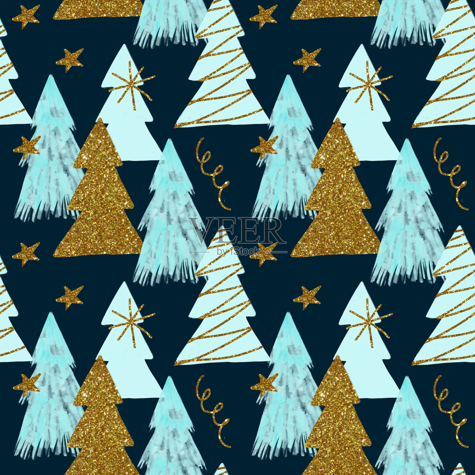 圣诞节无缝模式与蓝色杉木插图水彩风格和杉木插图与黄金纹理在黑暗的背景与金色雪花和星星插画图片素材