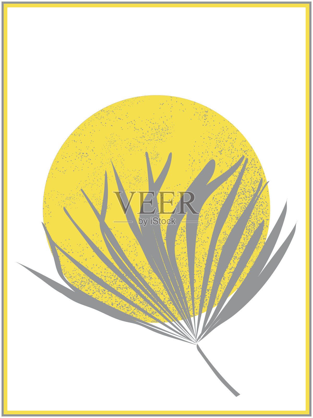 日落背景上的热带棕榈叶。这是一个奇妙的自然组成的室内。2021年的黄灰色趋势。向量。插画图片素材