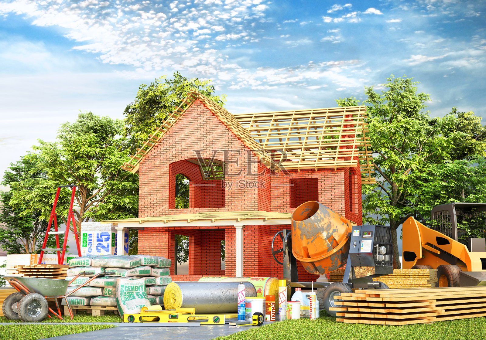 建筑的概念。房子前院有建筑材料。三维演示照片摄影图片