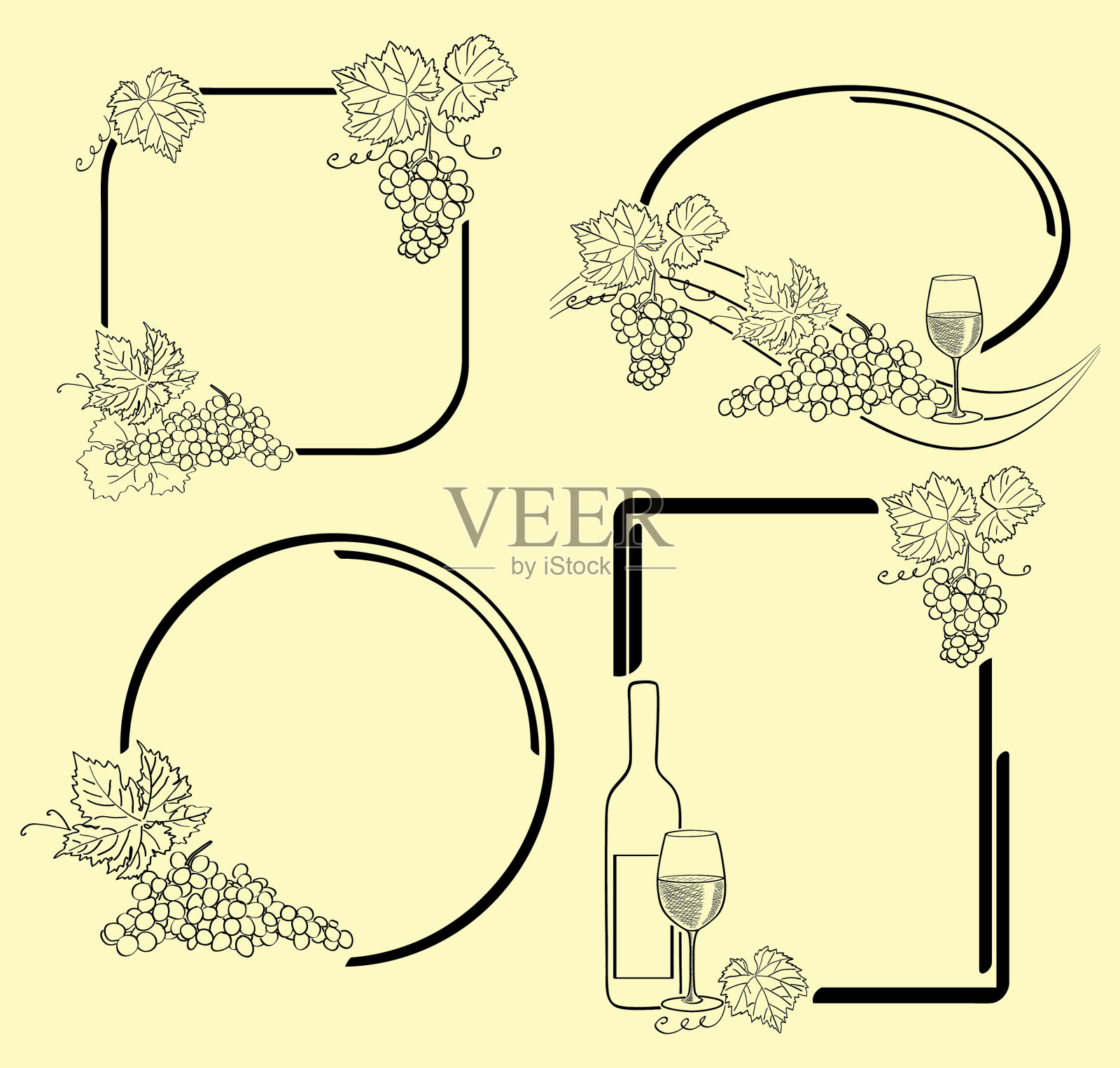 用葡萄、酒瓶和葡萄酒装饰的框架插画图片素材
