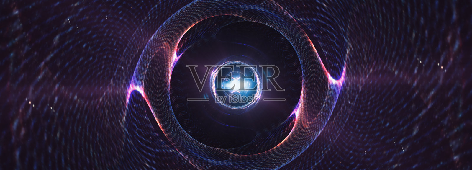 抽象背景与3D插图辉光霓虹灯未来的金属丝网与中心光学光晕现代呈现在黑色背景。3D渲染科学技术模板的网页横幅设计。照片摄影图片