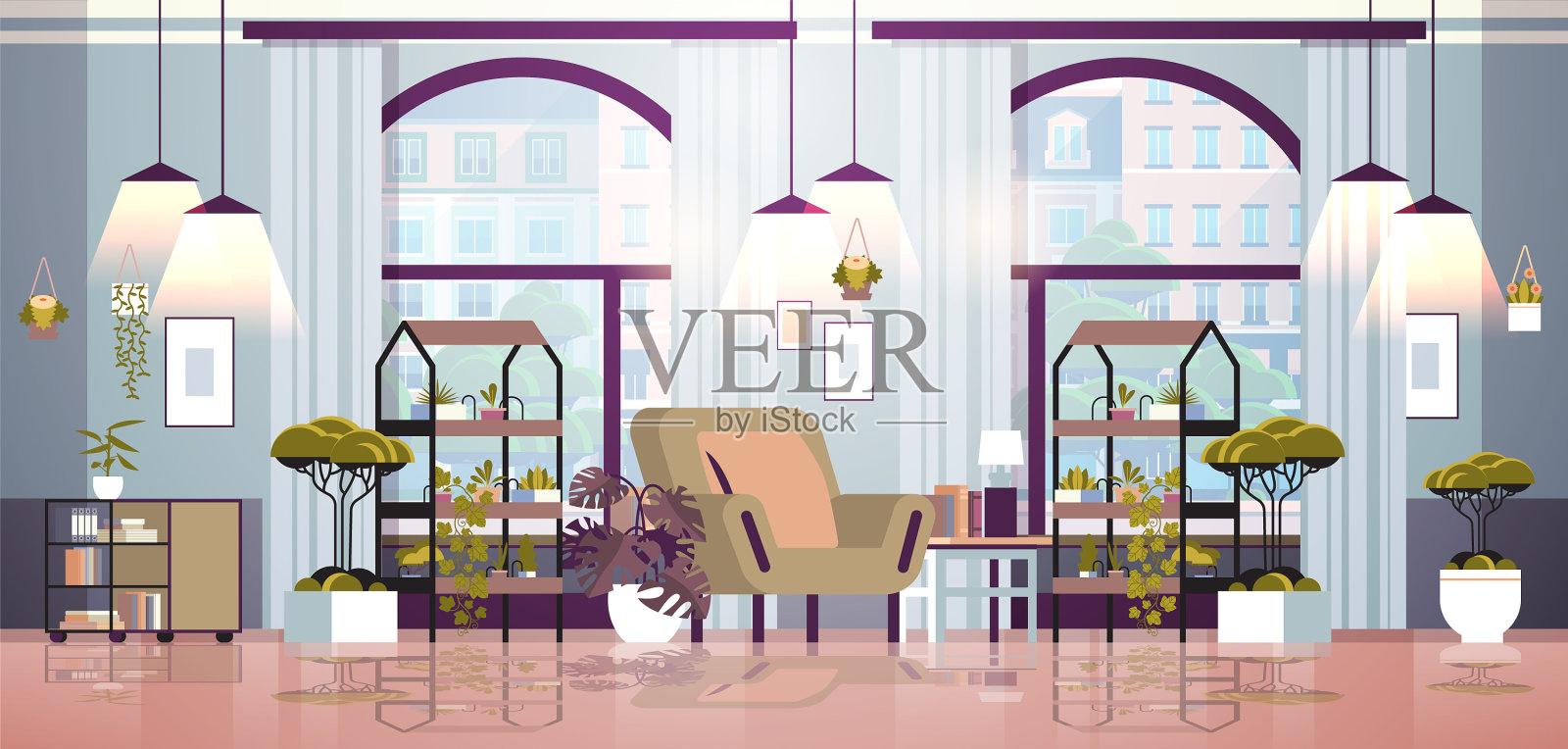 温室里的架子上摆放着盆栽花插画图片素材