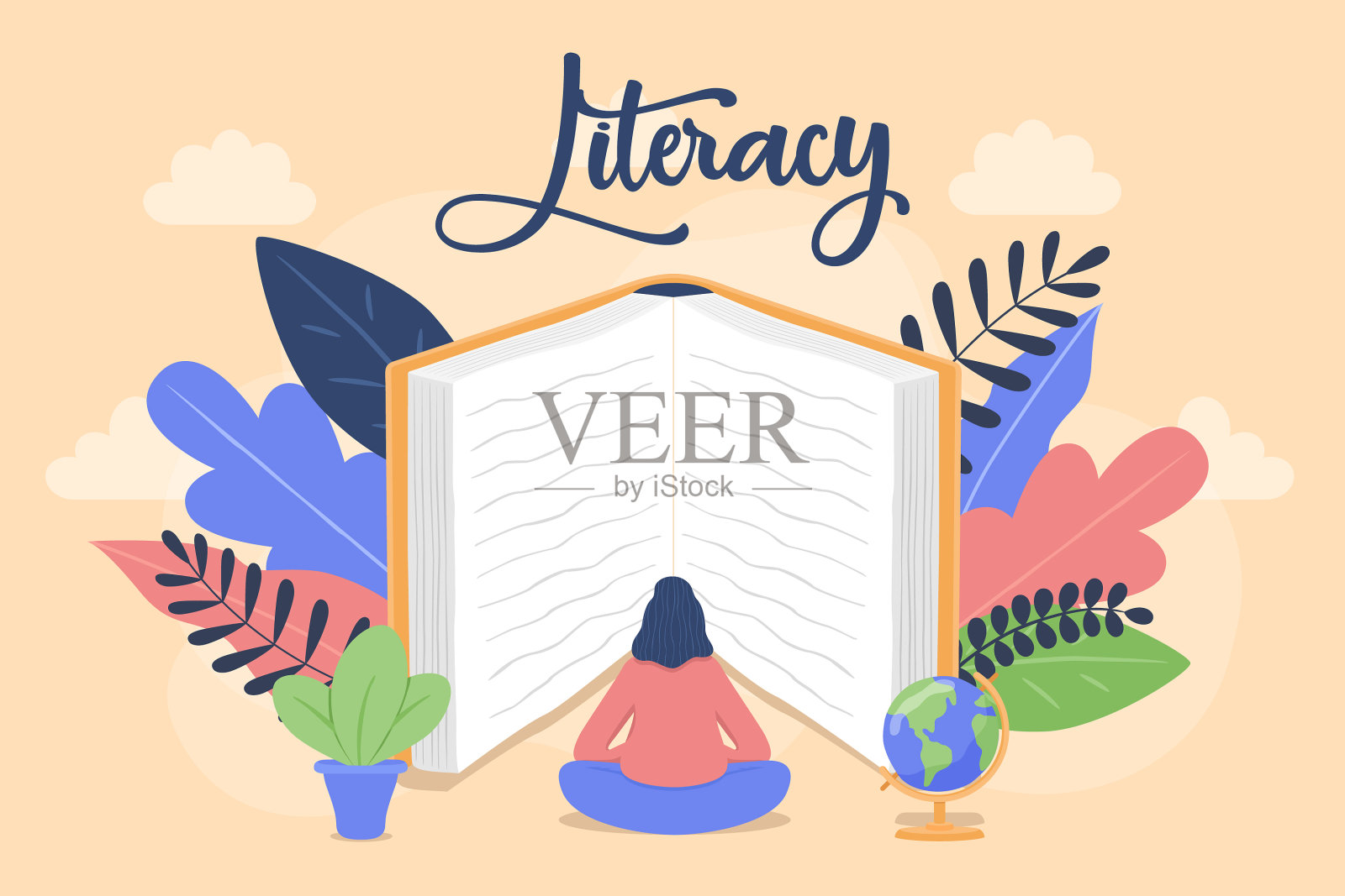 识字概念女孩读大开的书插画图片素材