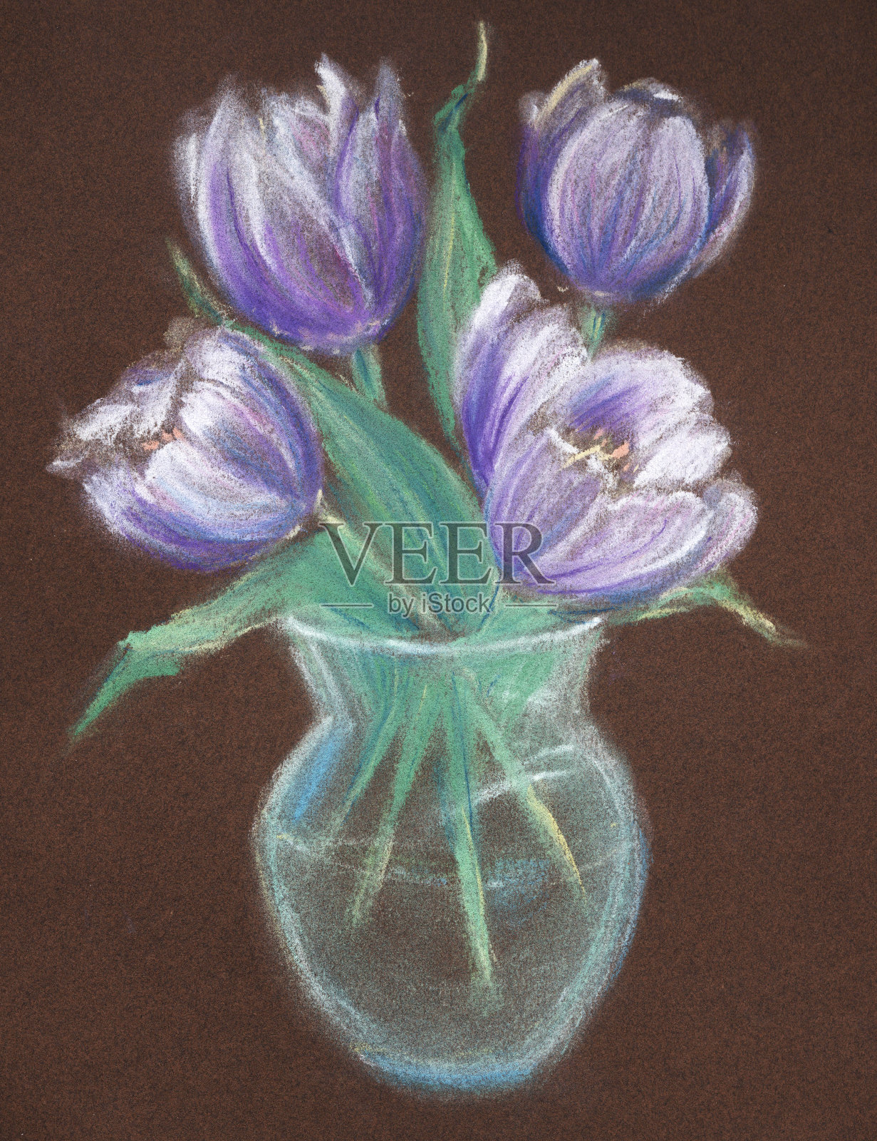 用蜡笔在棕色纸玻璃花瓶和紫色花朵装饰上手绘插画图片素材