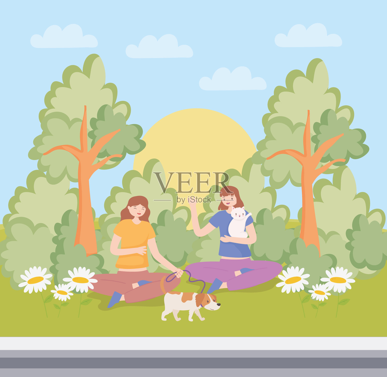 女孩与宠物插画图片素材