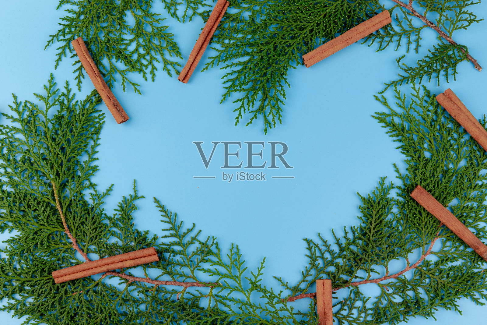 新鲜的柏树枝与肉桂棒在蓝色背景。圣诞作文，复制空间。照片摄影图片