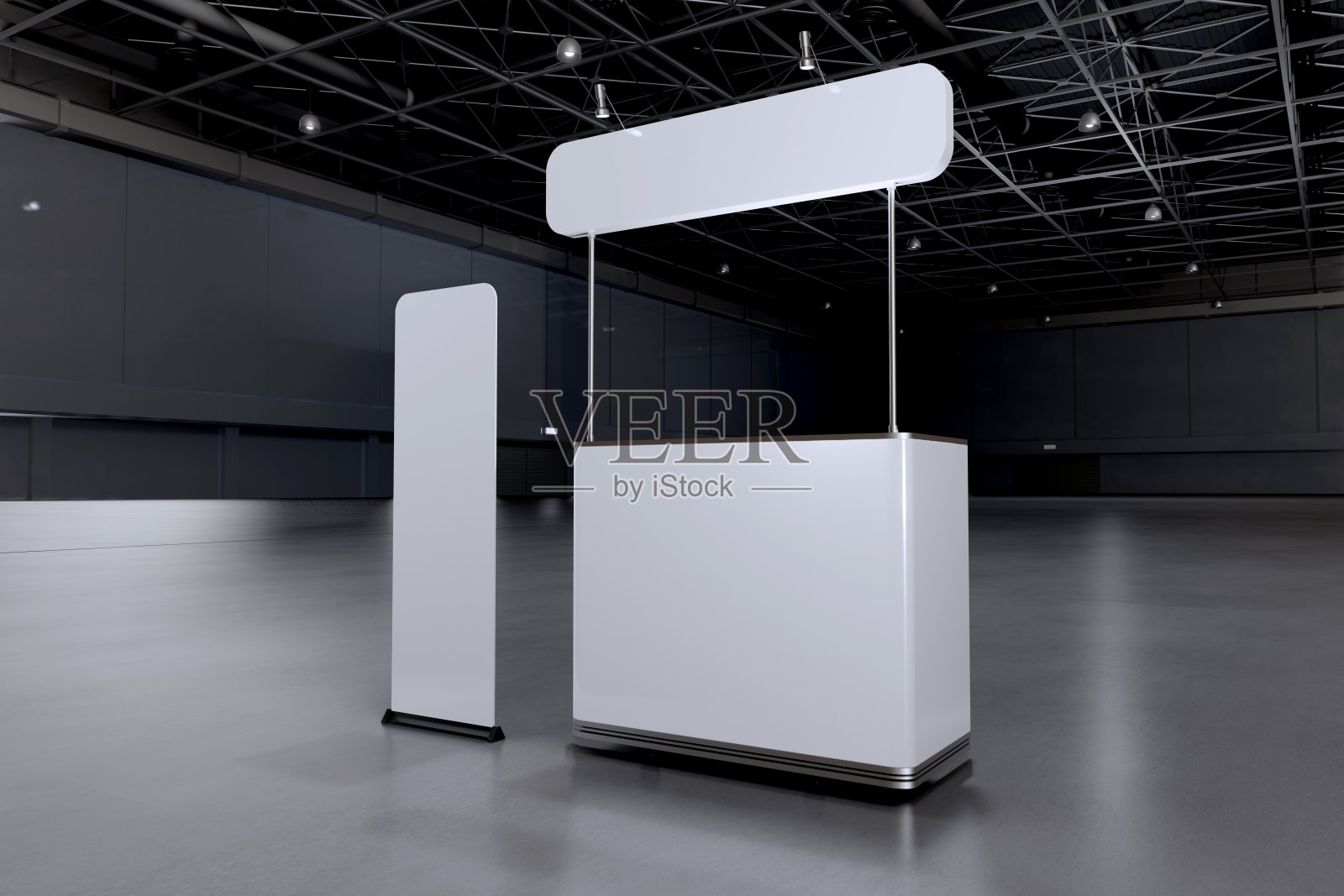 展示平台用于实物模型和企业形象，展示设计。空的展台设计。展厅零售展位元素。展位设计贸易展。空白展台系统图形资源。三维渲染。照片摄影图片