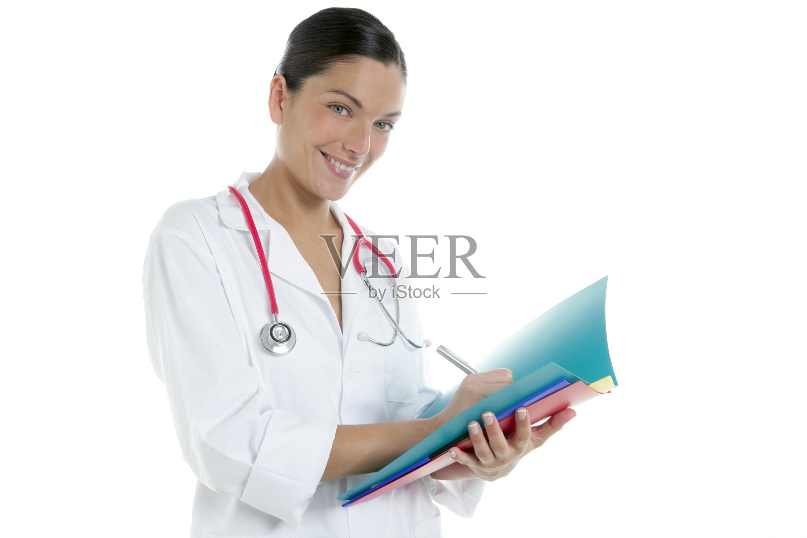 美丽的女医生与五颜六色的文件夹照片摄影图片