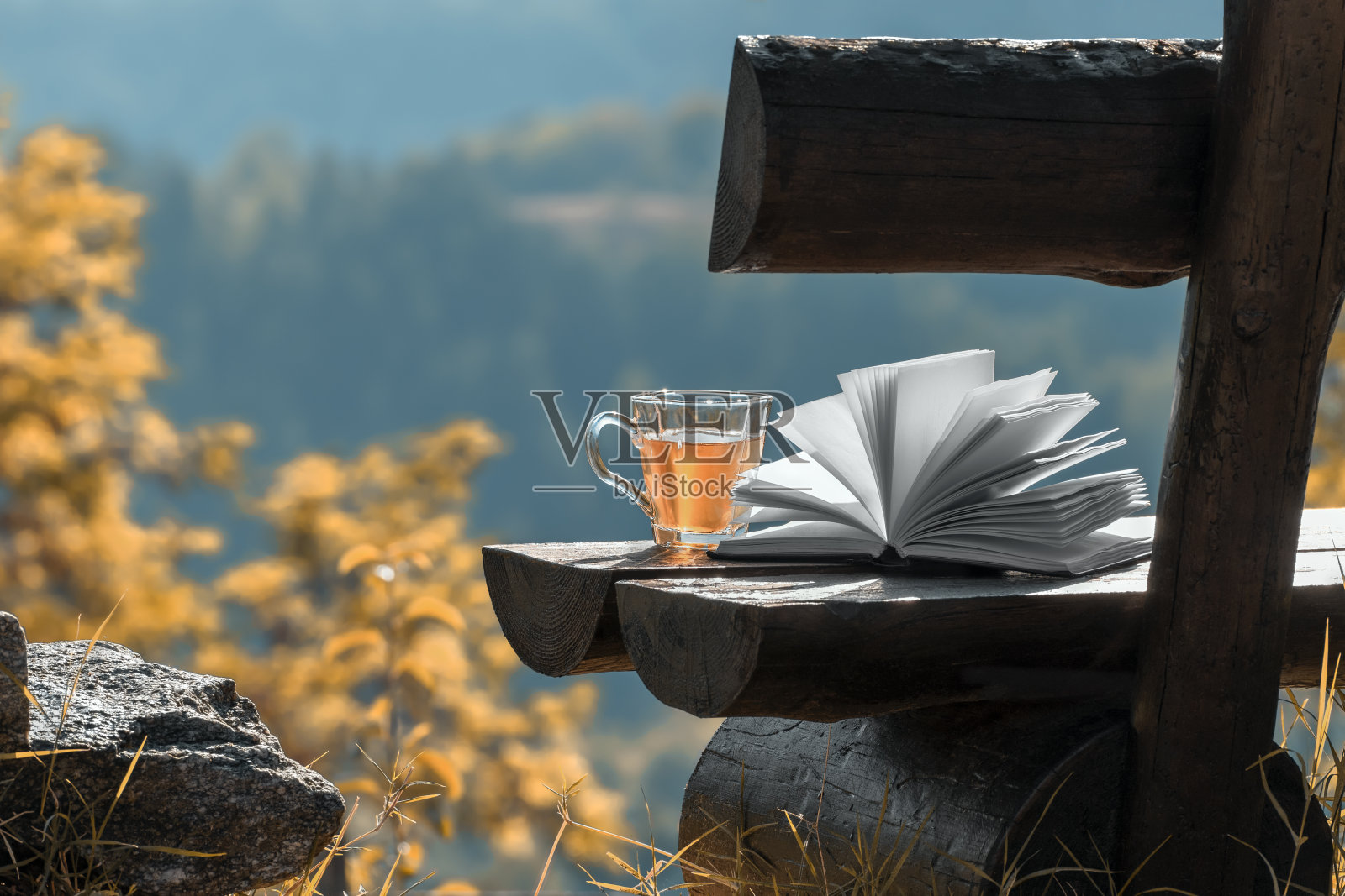 秋日户外休闲景象。打开书和花草茶在玻璃透明杯，背景秋天的森林和秋天的颜色的山。阅读，放松，独处，在大自然中的消遣照片摄影图片