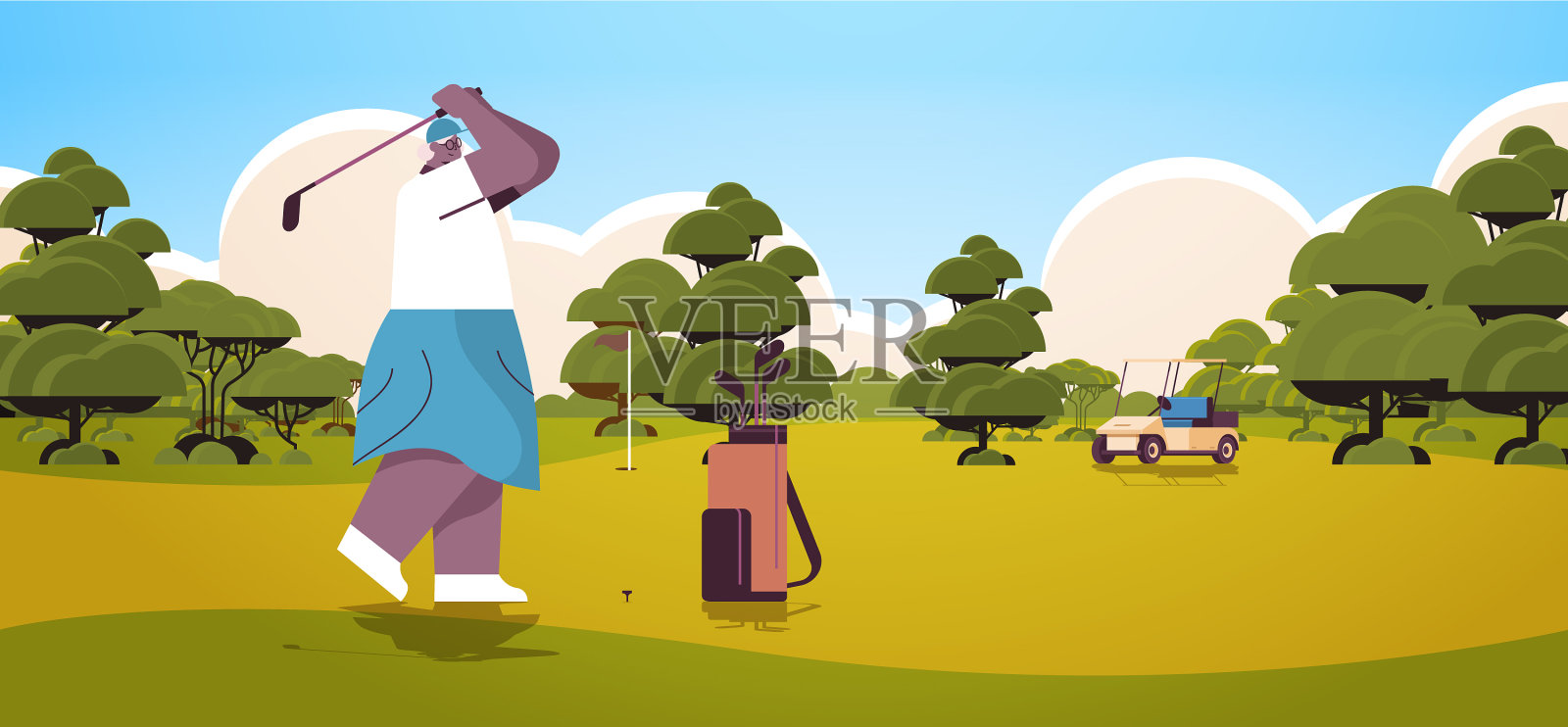 一名女子在绿色的高尔夫球场上打球插画图片素材
