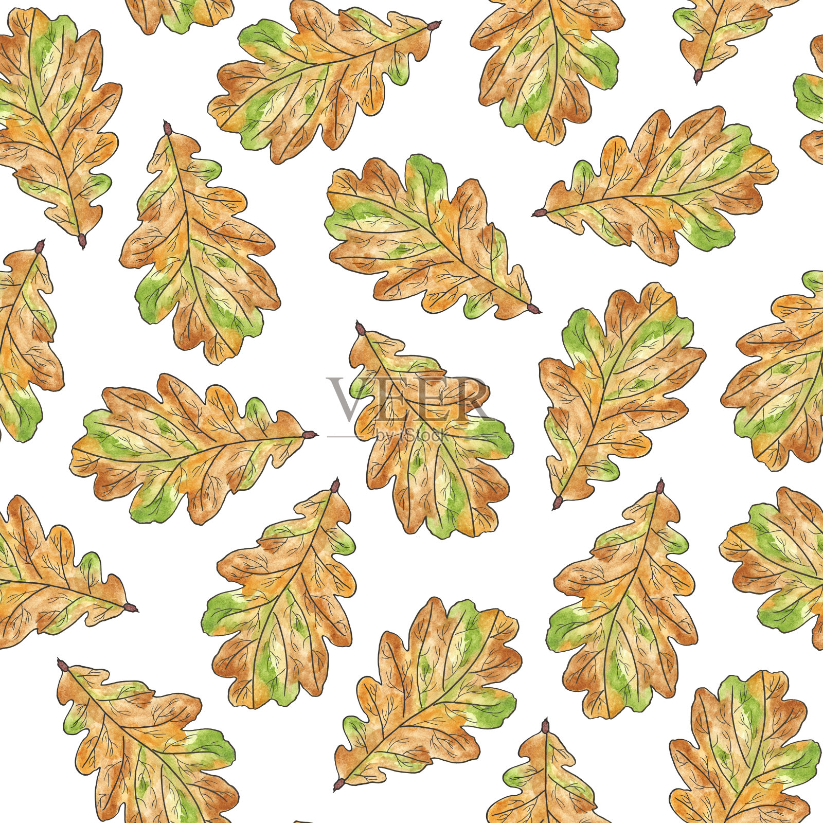 色彩鲜艳的秋天棕色与绿色的橡树叶无缝的图案。落叶。水彩插图。用于明信片、壁纸、背景和包装。插画图片素材