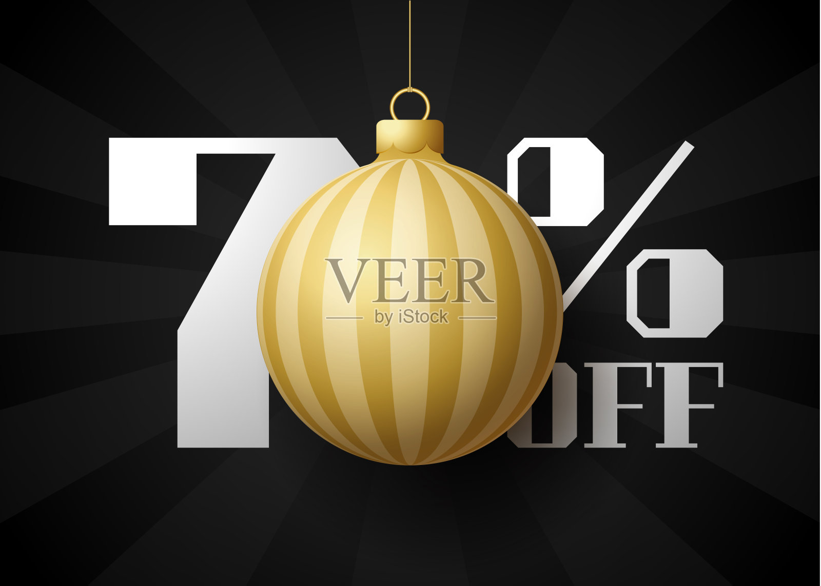 圣诞快乐大减价横幅。豪华圣诞节销售七折黑色皇家旗帜模板装饰金球挂在一根线。新年和圣诞节快乐矢量插图设计元素图片