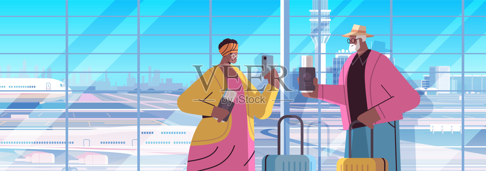 使用智能手机的老年游客夫妇插画图片素材