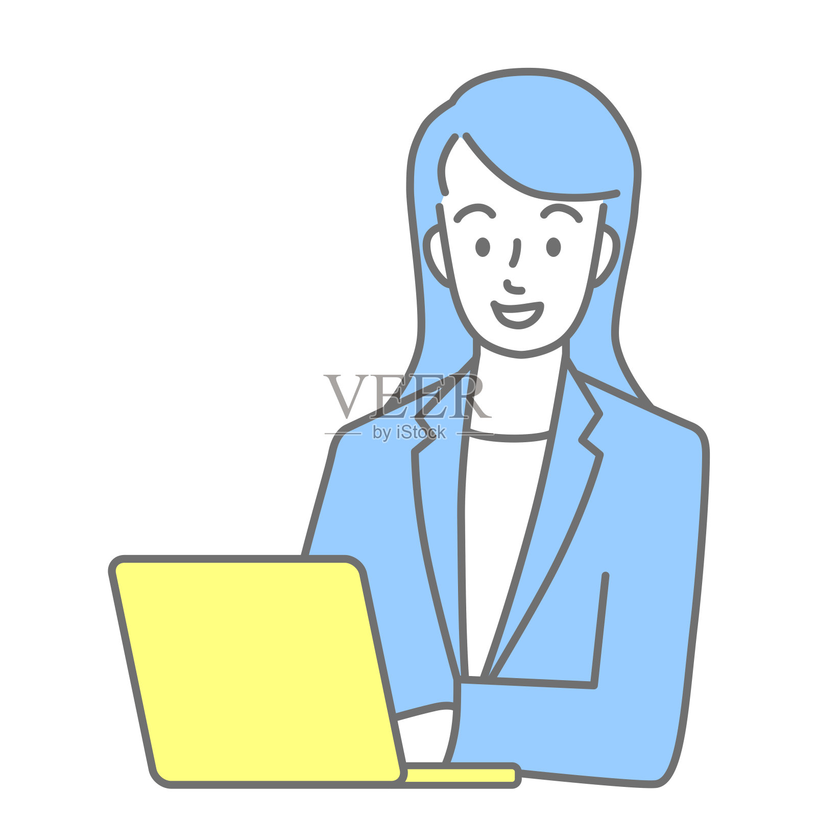 上半身穿着西装的年轻女子正在用笔记本电脑(彩色)插画图片素材