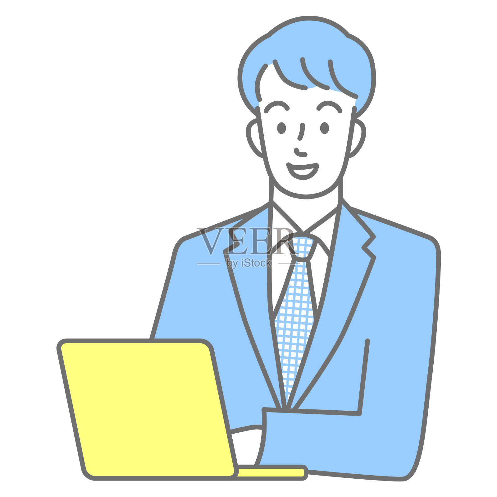 上身穿着西装的年轻人正在用笔记本电脑(彩色)插画图片素材