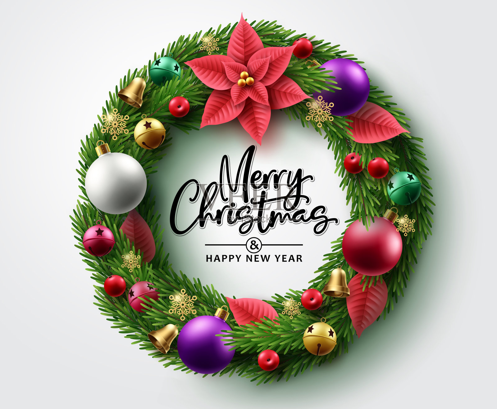 圣诞花环矢量设计。圣诞快乐的文字与花环和丰富多彩的圣诞节装饰插画图片素材