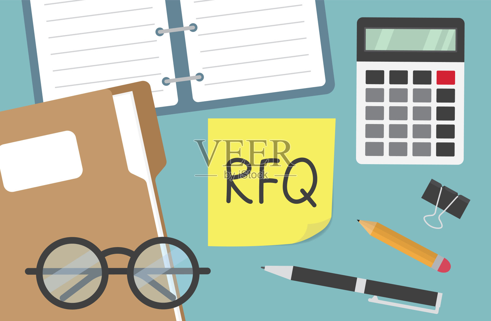 报价要求写在办公室桌上的黄色便签纸上插画图片素材