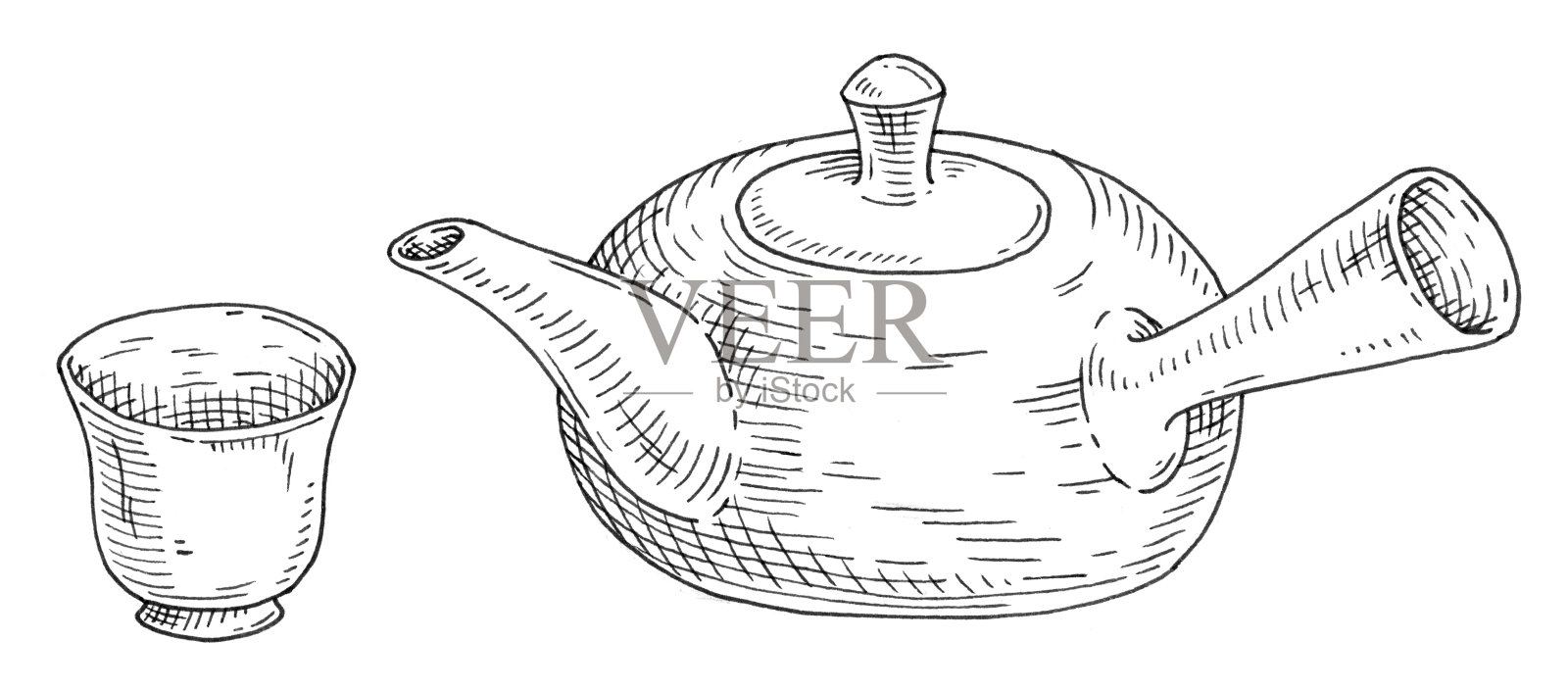 亚洲茶壶和茶杯。古董雕刻单色黑色插图。孤立在白色插画图片素材