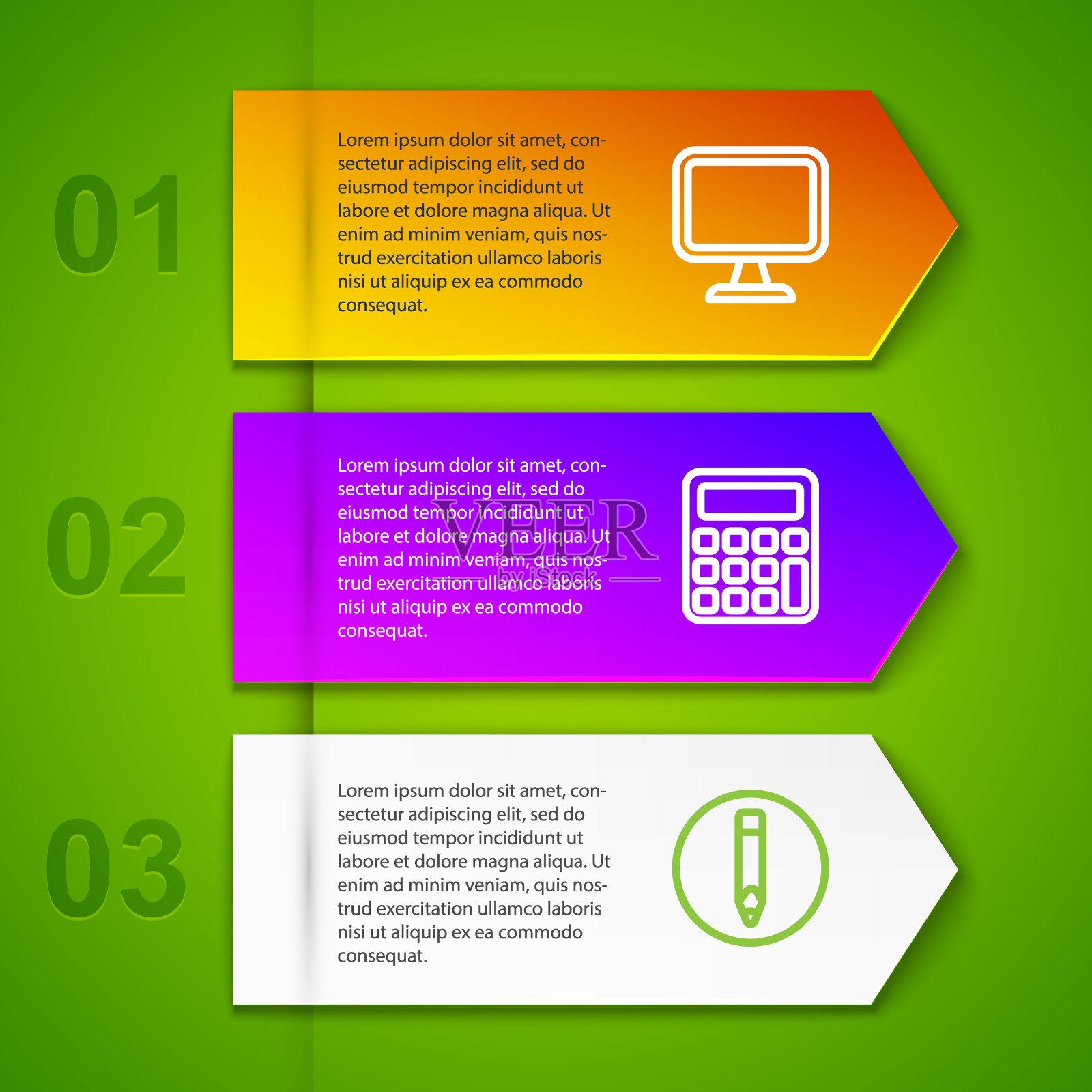 电脑显示器，计算器和铅笔。业务信息模板。向量设计模板素材