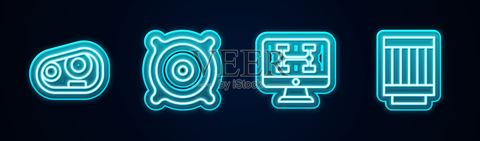 设置汽车前照灯、音箱、汽车诊断条件、空气滤清器。发光的霓虹灯图标。向量图标素材