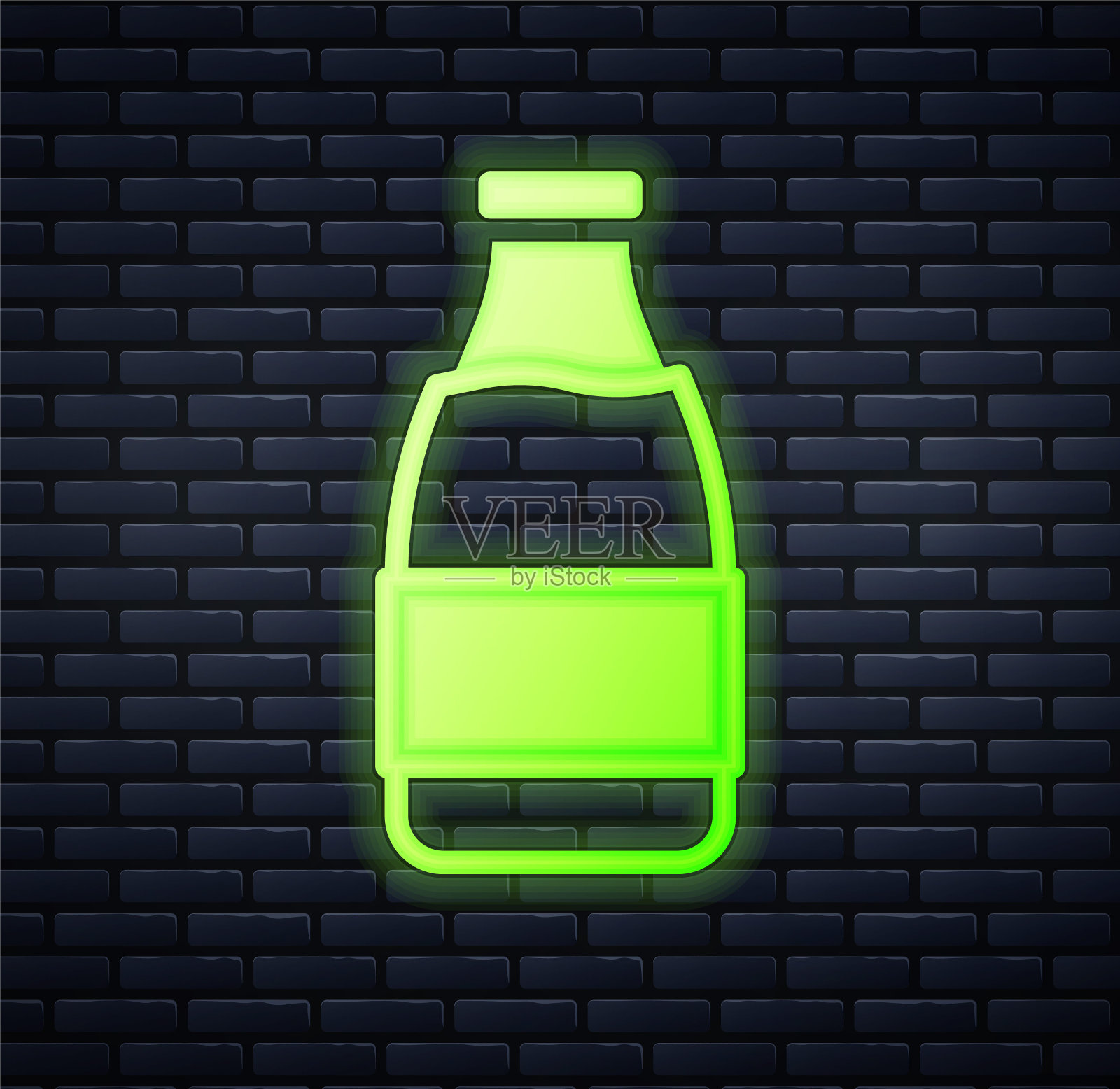 发光的霓虹灯封闭的玻璃瓶与牛奶图标隔离在砖墙背景。向量插画图片素材