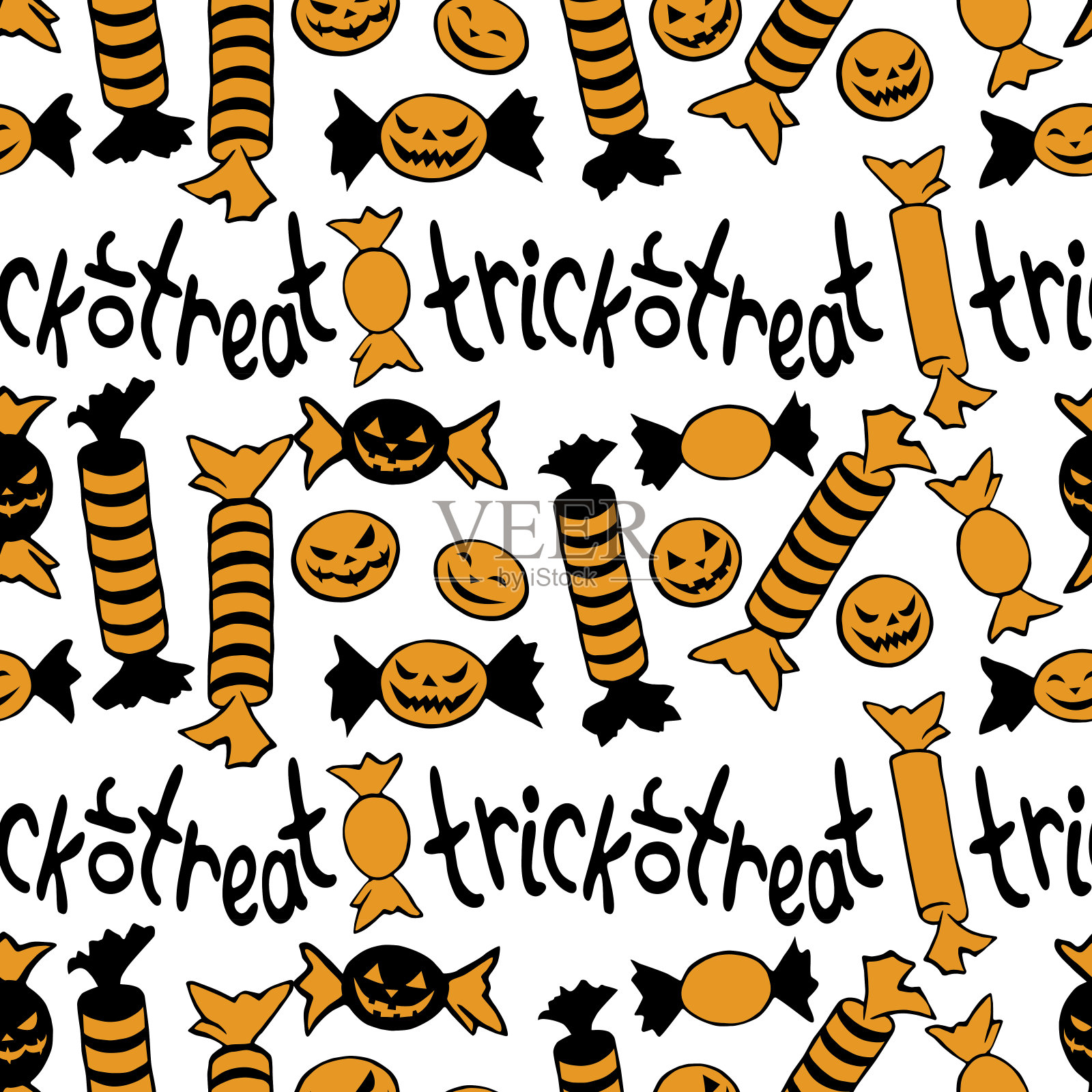 矢量无缝模式的糖果在不同的包装在万圣节风格。不给糖就捣蛋。明亮的纹理适合节日设计、装饰、包装纸插画图片素材