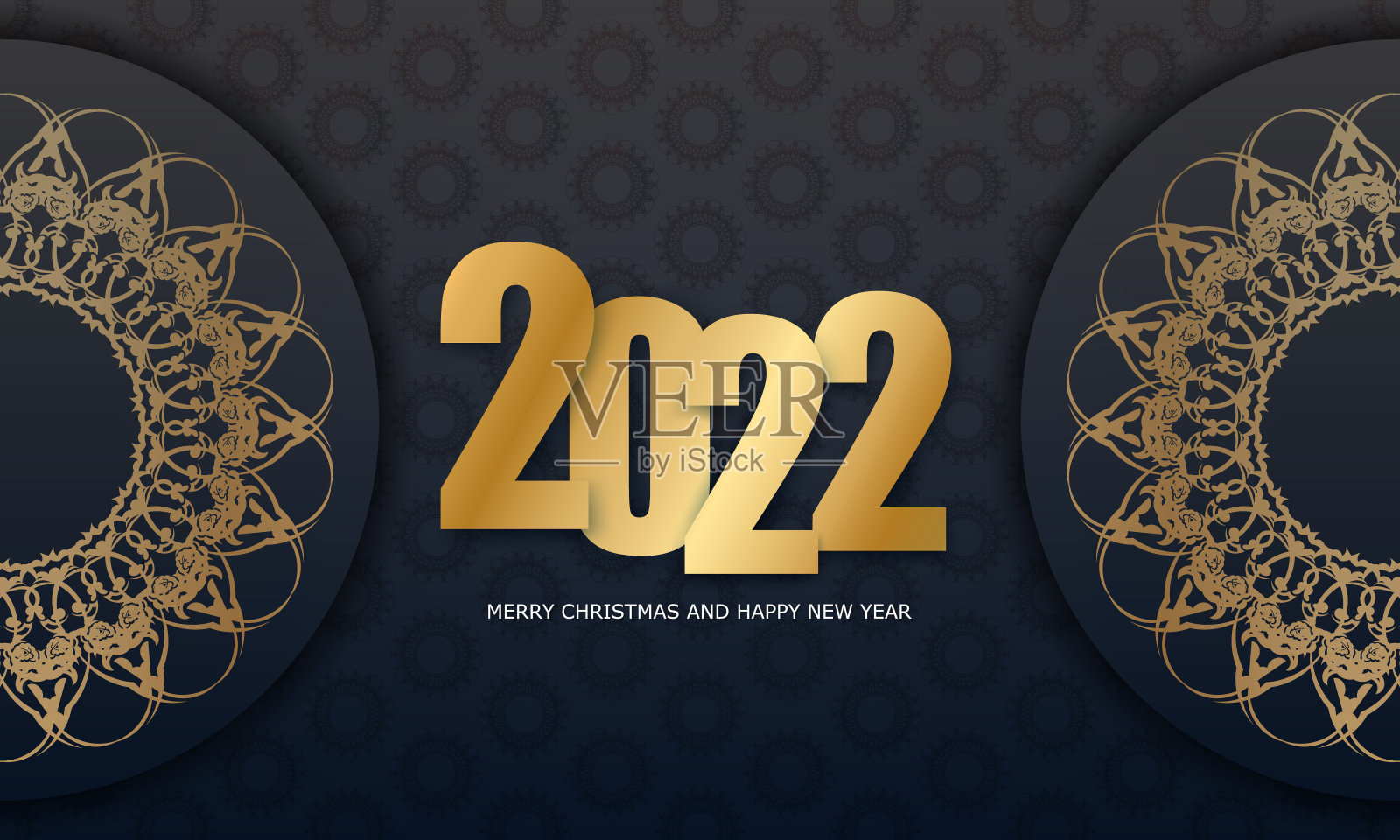 2022年明信片圣诞快乐，新年快乐黑色与复古黄金装饰插画图片素材