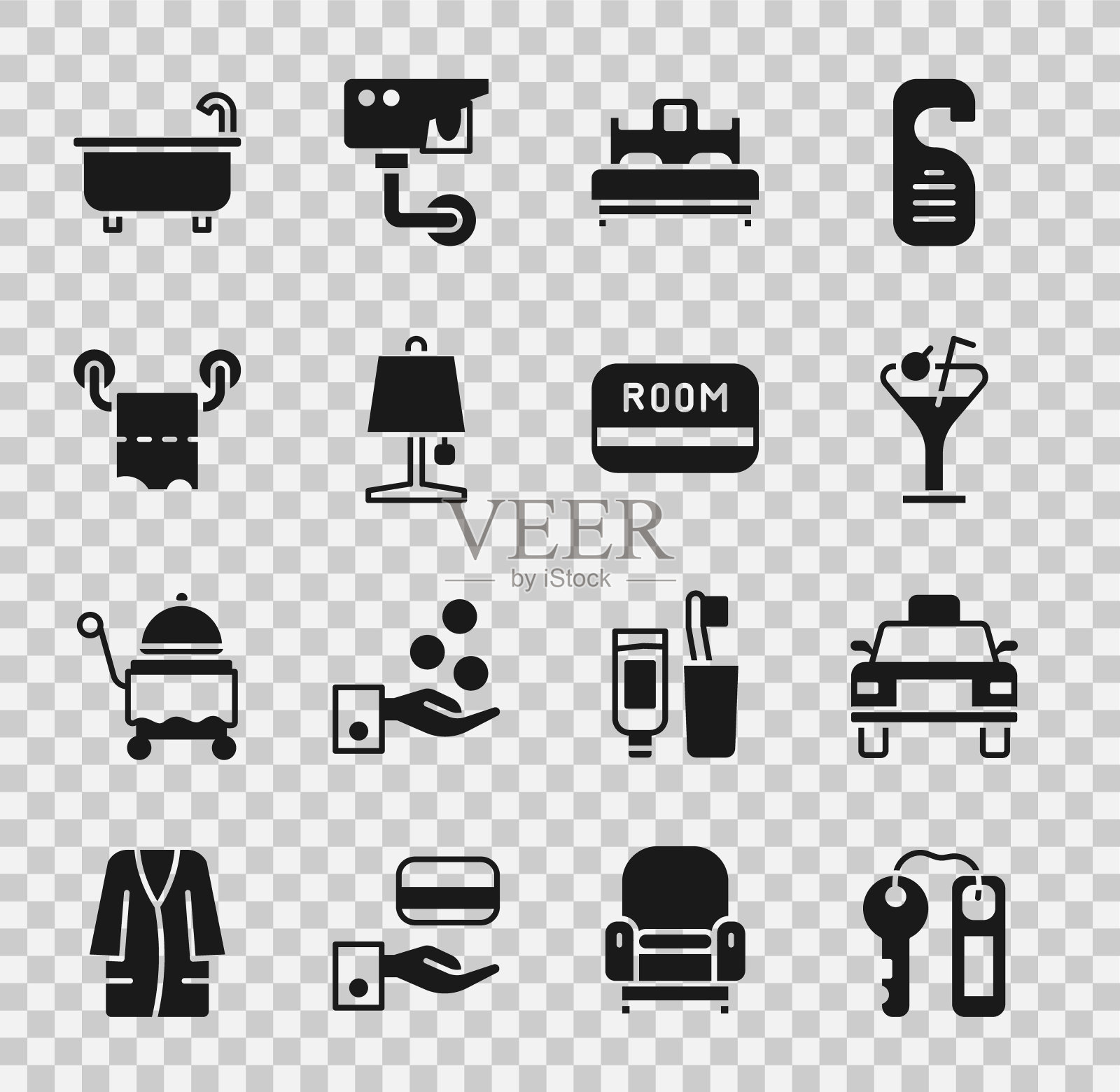 酒店门锁钥匙，出租车，马提尼玻璃，卧室，台灯，卫生纸卷，浴缸和卡片图标。向量图标素材