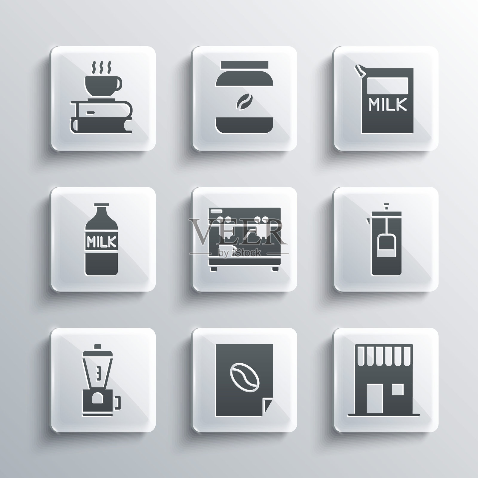 集咖啡海报，商店，法压机，机器，电动咖啡研磨机，牛奶瓶，杯子和书和纸包装的图标。向量图标素材