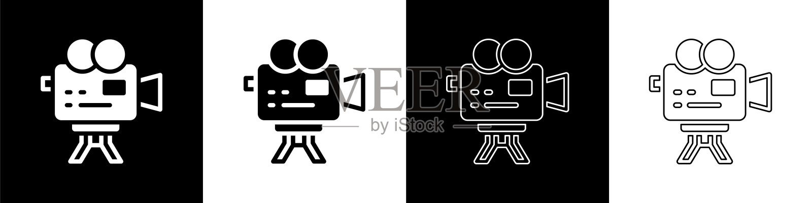 将复古电影相机图标隔离在黑白背景上。摄像机。电影的迹象。电影放映机。向量图标素材